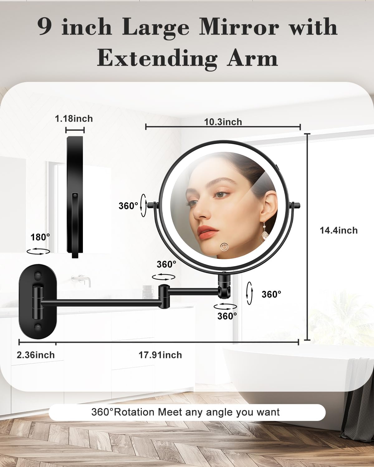 9" Wall Mounted Makeup Mirror with Light, 20X/1X Height Adjustable Double Sided Magnifying Bathroom Lighted Mirror, 3 Color Touch Dimmable Extended Arm 360 Rotation Light up Magnification Mirrors