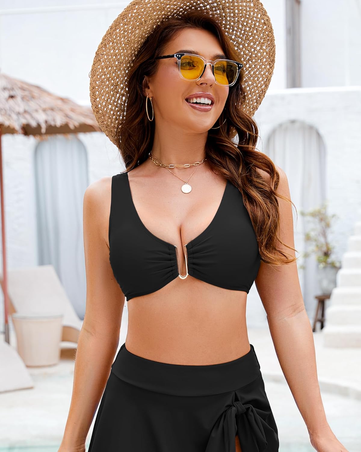 Jolefille Push Up Bikini Top for Women U Wired Wide Straps Swimsuit Tops Scoop Neck Padded Lace Up Back Bathing Suit Top Only - Image 2