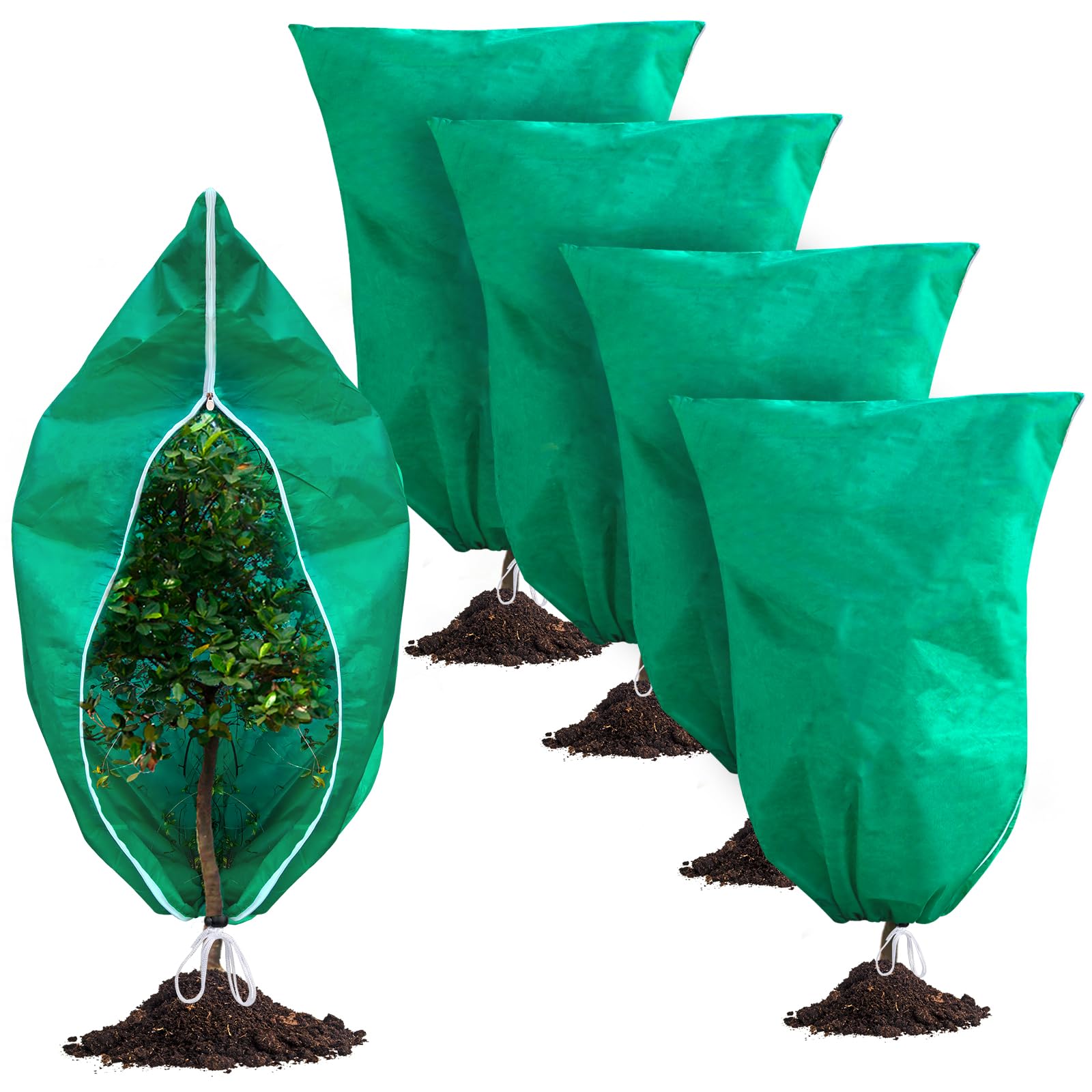 4 Pack Plant Covers Freeze Protection, 32''W x 48''H 2.5oz/yd² Winter Tree Frost Blankets Frost Cloths Protectors Bag Cover with Zipper Drawstring for Outdoor Plants Shrub Fruit Trees Potted