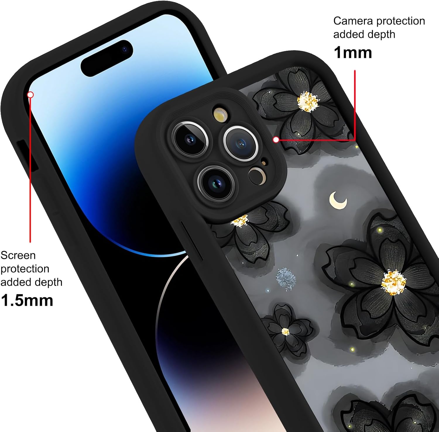 Cute Black Flower Moon Phone Case for iPhone 14 Pro Max 6.7" image 3