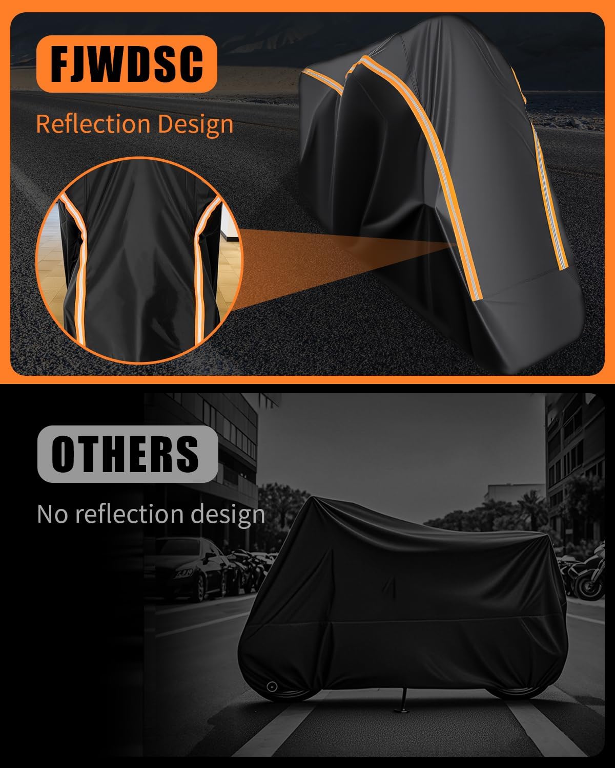 Full Enclosed Motorcycle Cover Waterproof Outdoor/Indoor Storage Waterproof Motorcycle Cover Heavy Duty with Reflective Strips Fits Touring Motorcycles Length up to 108" with Side+Top Box