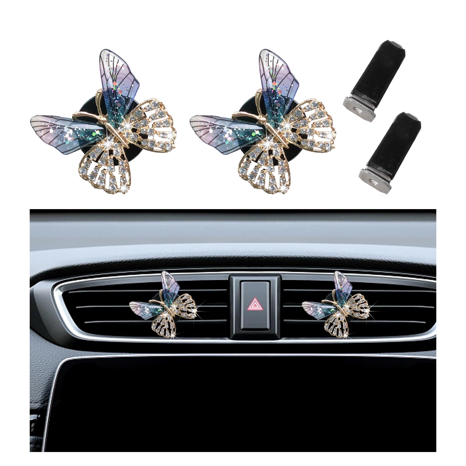 2PCS Bling Butterfly Air Vent Clips, Cute Crystal Car Air Fresheners Vent Clips, Rhinestone Diamond Auto Diffuser Vent Clip for Women Girls, Car Interior Decor Accessories (Blue)