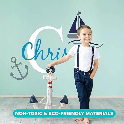 Miniatura 5 de Calcomanías de pared personalizadas de barco y ancla para bebé niña o niño, nombre personalizado e inicial para decoración de pared de guardería,