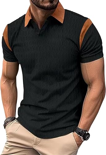 Mens Ribbed Knit Polo Shirts Short Sleeve Loose Casual Golf T-Shirts Button Down Athletic Collared Shirts