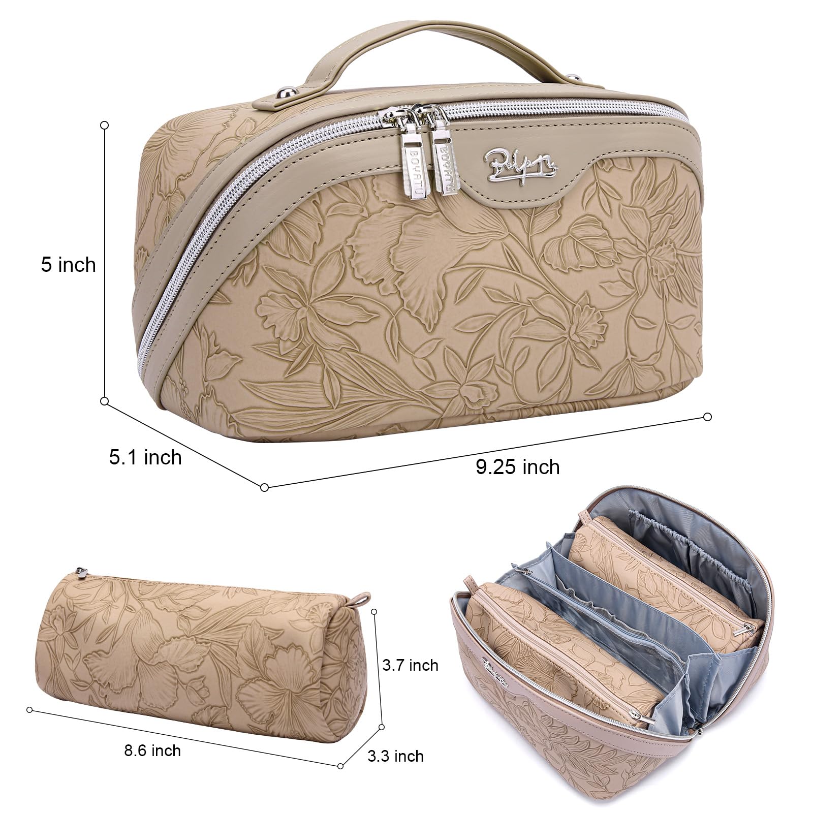BOYATU Travel Makeup Bags Cosmetic Organizer Bag: 3-Set Large Capacity Make up Bag - PU Leather Toiletry Bags for Women - Wide Open Portable Pouch with Divider & Handle (): 02-Light Brown