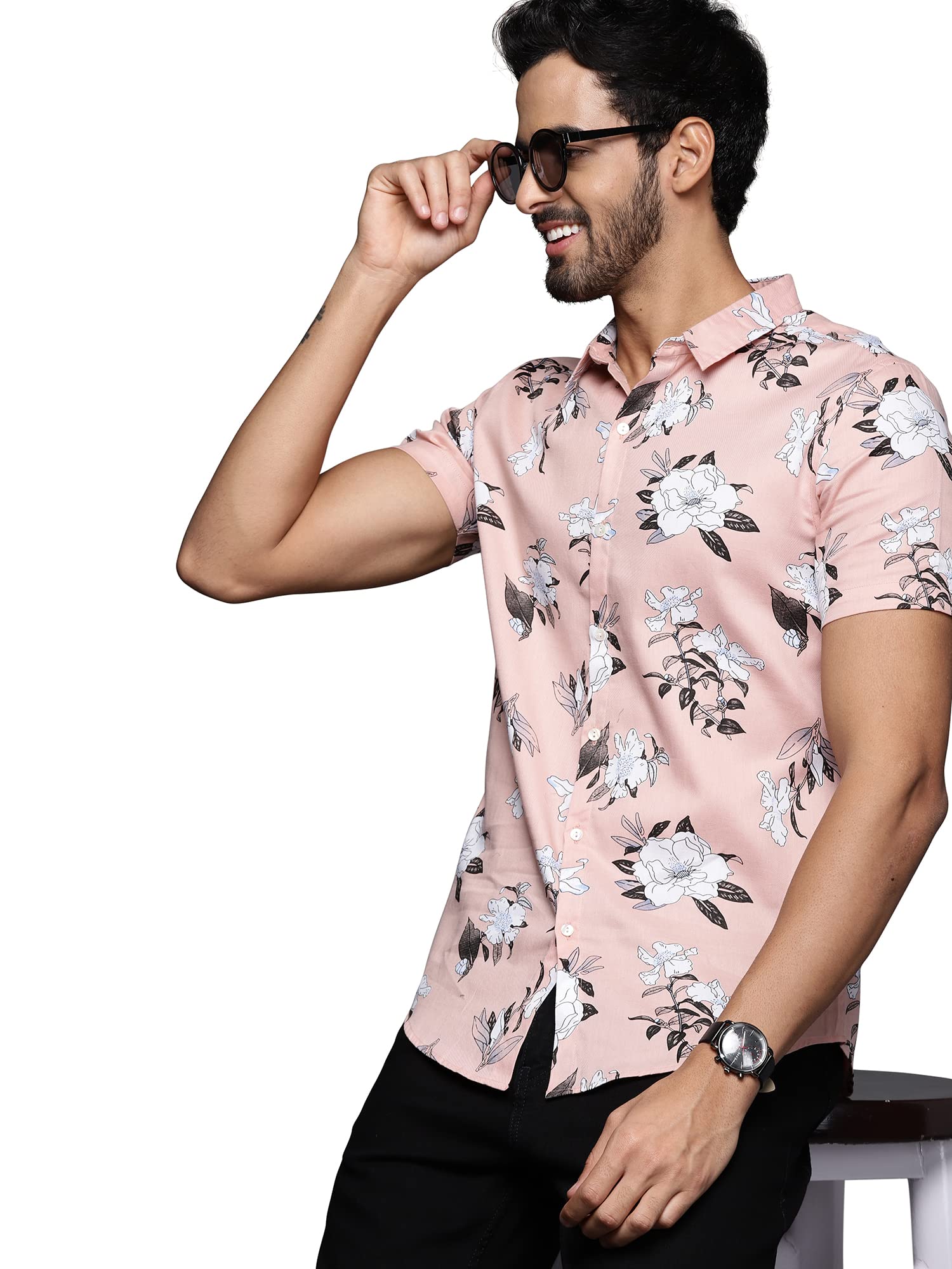 Indo Era Men's Liva Floral Printed Curved Shirt (MSH0PH1091L_Peach and White_L-Size) in white