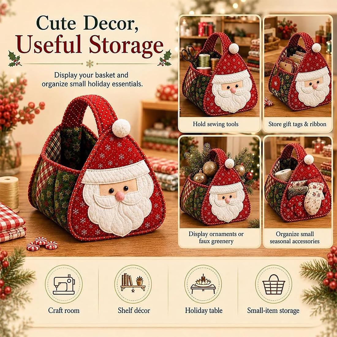 Cesta acolchada navideña, kit de cesta de almacenamiento de tela DIY, adorables personajes navideños, kit de costura DIY para decoración navideña, dulces (Set)