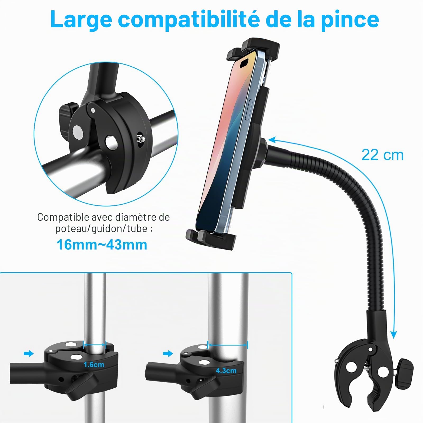Support Tablette pour Fauteuil Roulant Poussette à Bras Flexible en Métal | Support Tablette Vélo, Tapis de Marche, Chariot - Pince Guidon Pôle Tube pour Tablettes & Téléphones de 4-13"