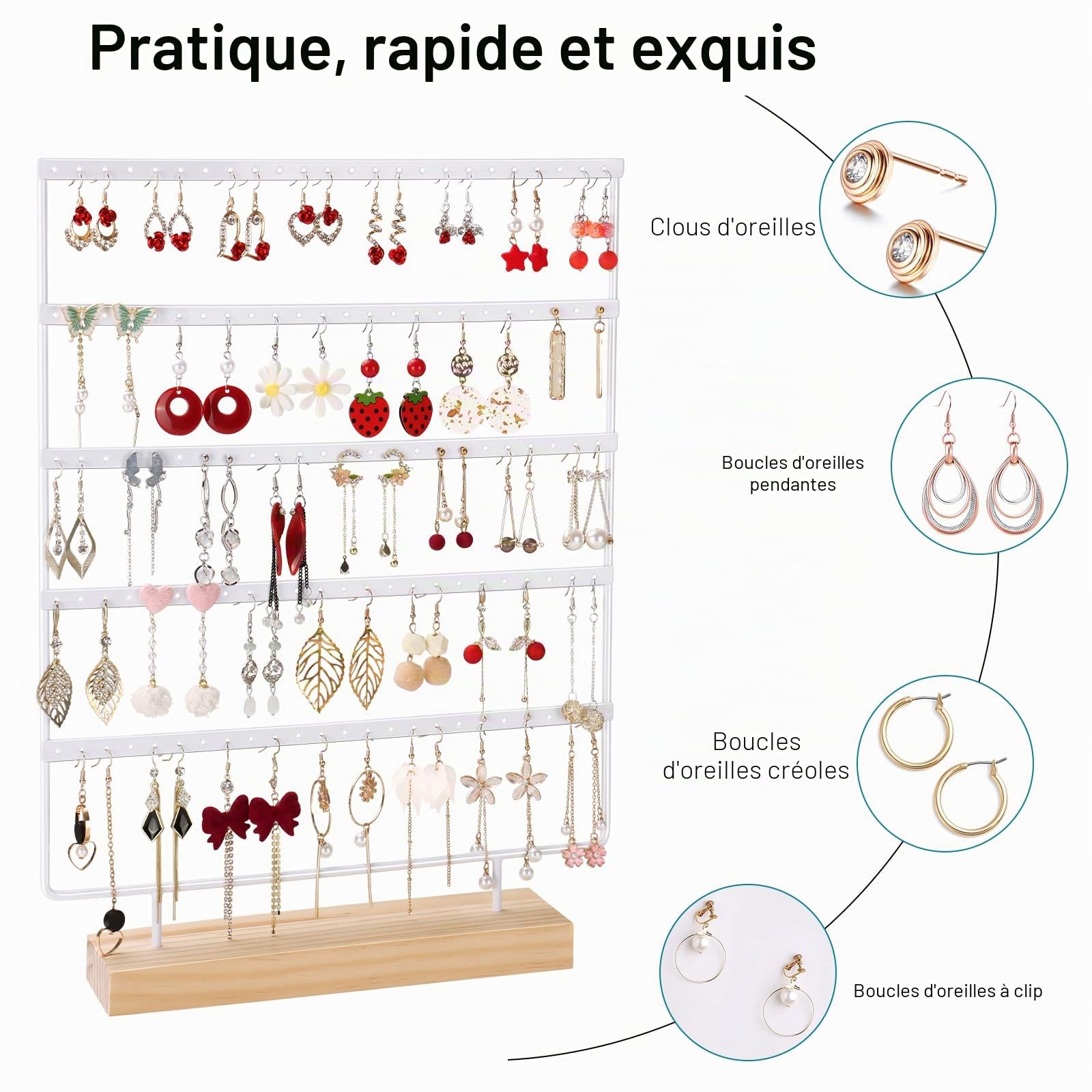 Porte Boucle D'oreille, Organisateur De Bijoux à 5 Niveaux, à 120 Trous, Presentoir Boucle D'oreille Avec Base En Bois, Boucles D'oreilles Pour Le Rangement à Domicile Ou L'affichage En Magasin