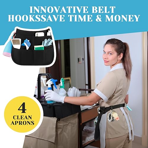 Miniatura 5 de Panitay 4 delantales de limpieza impermeables para herramientas de limpieza para mujeres con 9 bolsillos y cinturón ajustable