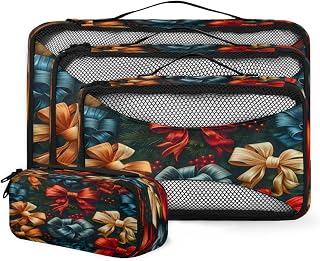 Tiveruda Xmas Watercolor Bow 4 Set Travel Packing Cubes for Women Men Lightweight Mesh Luggage Packing Organizers Bags for Travel Accessories Essentials Camping