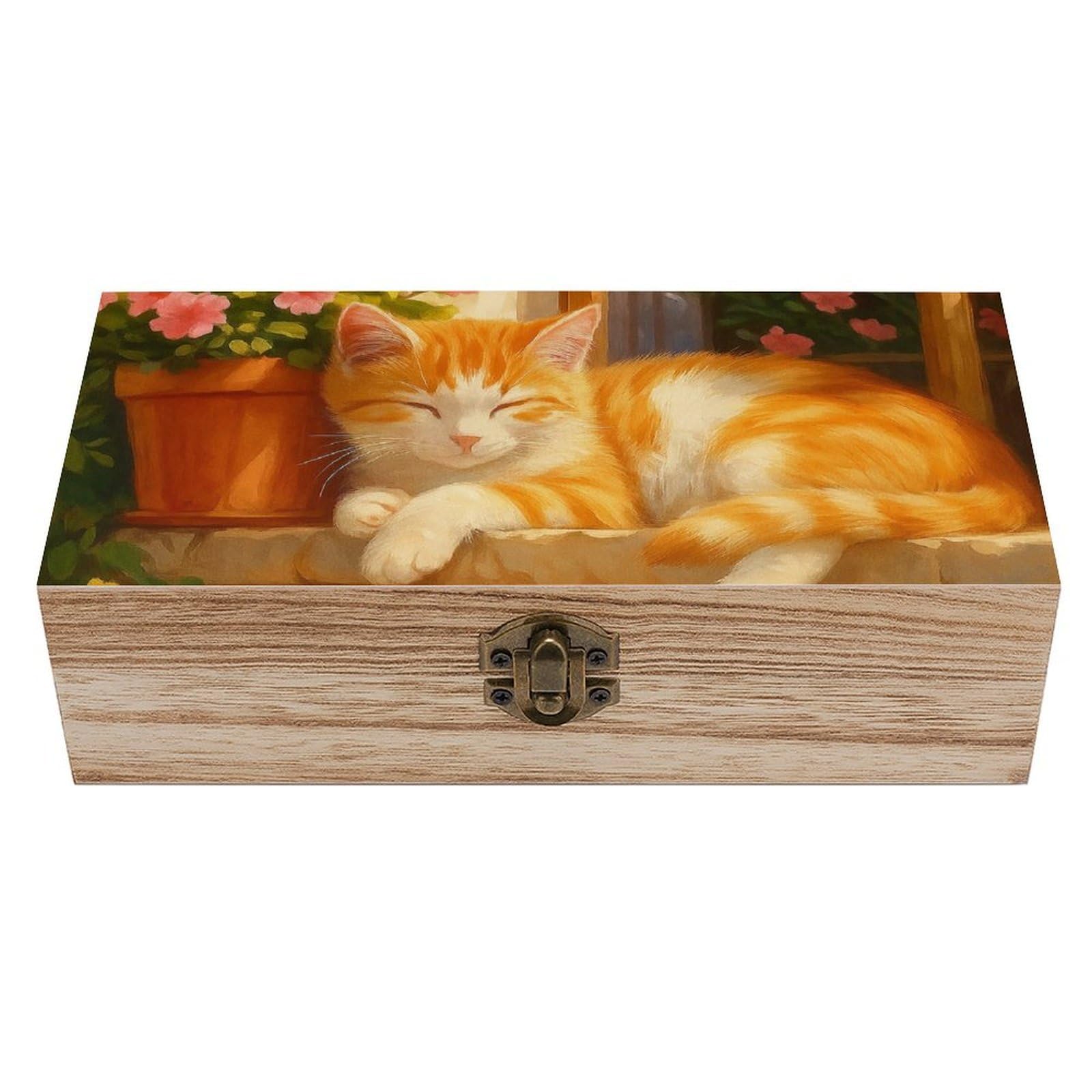 HLBSDM Sun-Drenched Blossom Cat Napping Wooden Storage Vintage Keepsake Decorative Boxs