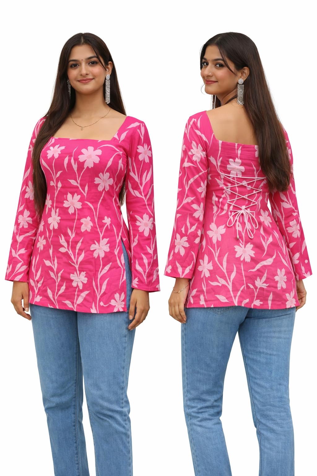Women's Floral Print Kurti, Long Bell Sleeves, Square Neck, Lace-Up Back Detail