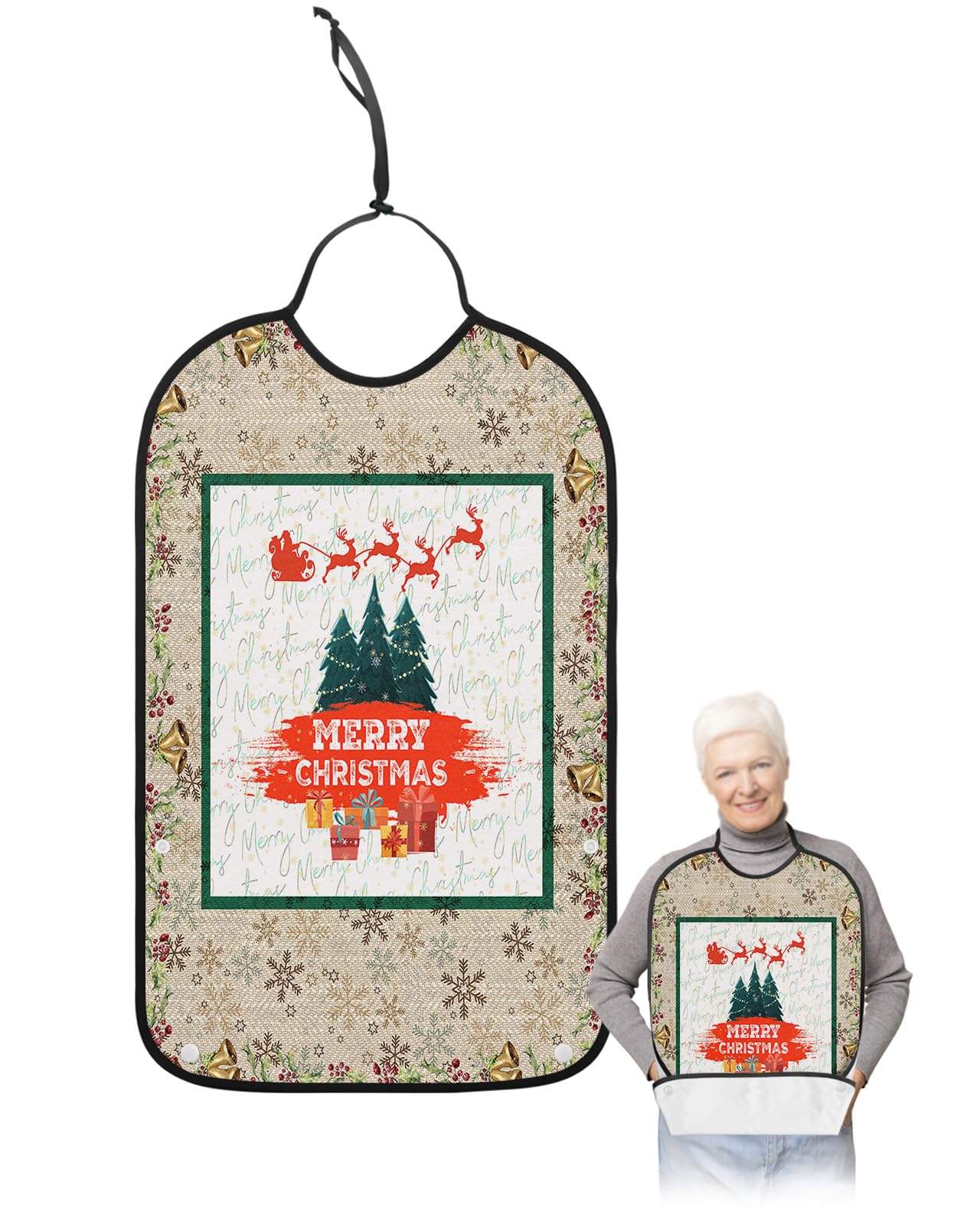Christmas Tree Adult Bibs for Eating, Waterproof Bibs with Food Catcher & Adjustable Snap Closure, Xmas Tree Bells Berry Botanical Farmhouse Clothing Protectors Adult Bibs for Elderly Women/Men