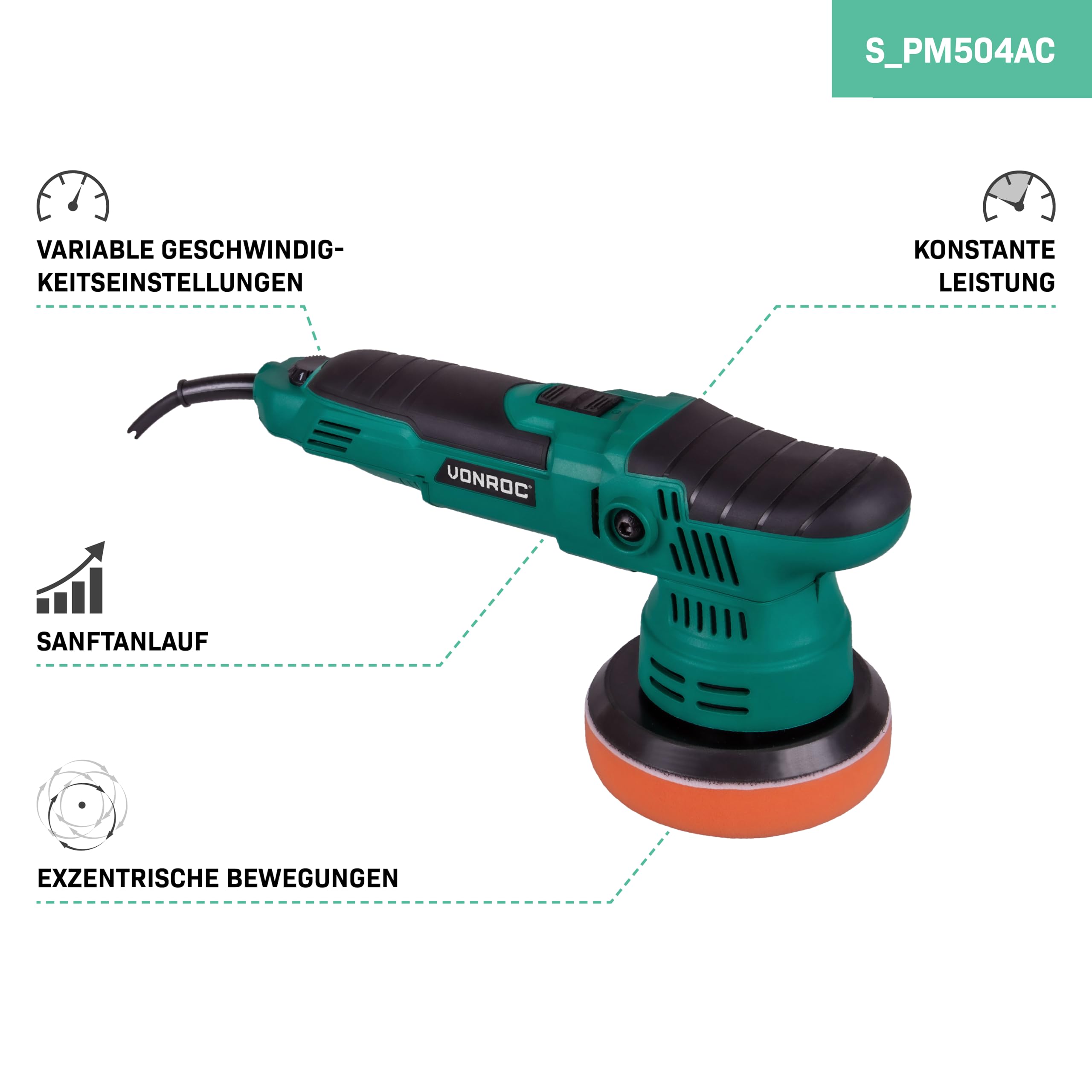 VONROC Pulidora de doble acción 650W - Ø125mm - Arranque suave - Velocidad constante - Incluye 4 almohadillas de pulido
