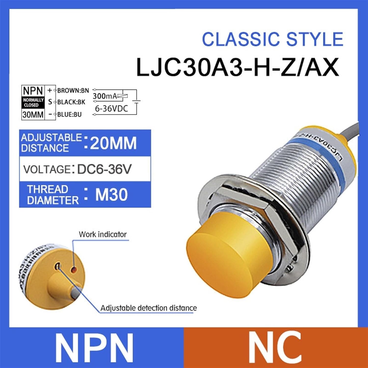 Capacitive LJC30A3 BX AX BY AY EZ DZ Inductive Proximity Sensor Switch PNP NPN DC 6V-36V AC 90-250V 20mm M30 (Color : NPN-NC)