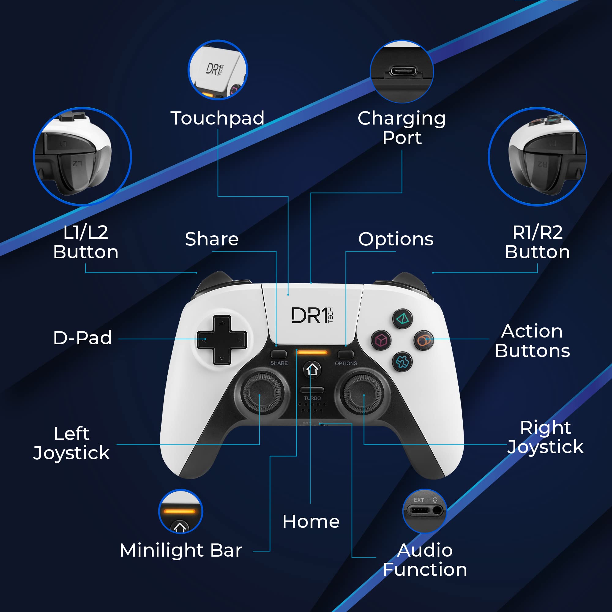 DR1TECH ShockPad II Mando Para PS4 / PS3 Inalambrico - Gaming Controller DESIGN NEXT-GEN Compatible con PC y IOS - Touch Pad Capacitivo y Doble Vibración (Azul)
