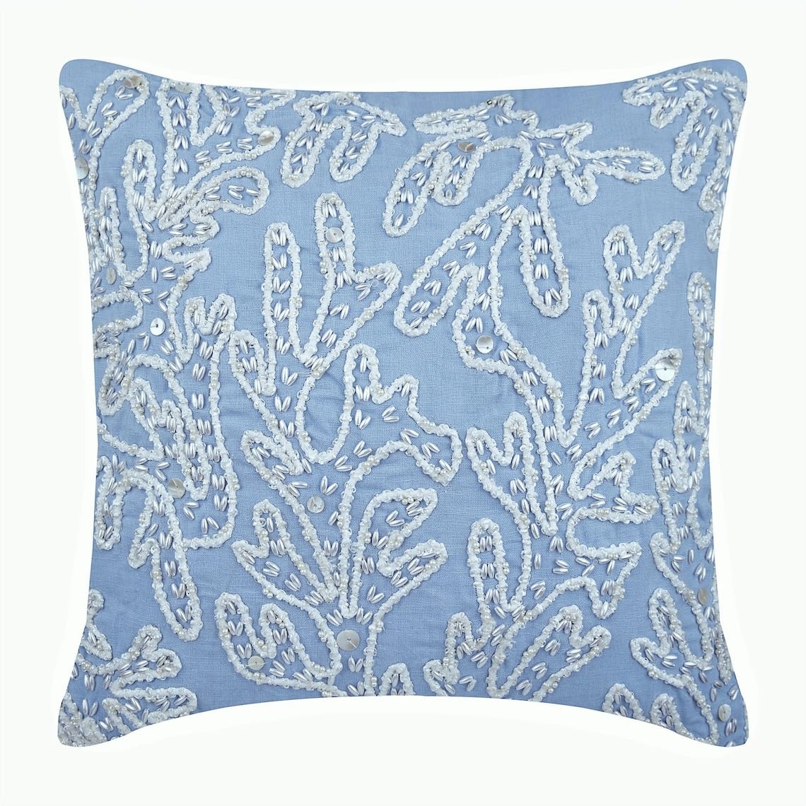 The HomeCentric 55x55 cm (22x22 inch) Throw Cushion Cover, Light Blue Cushion Cover, Jute and Pearls Corals Ocean & Beach Cushion Cover, Cotton Linen Cushion Cover, Floral - Pearly Sea Tangle — image 1