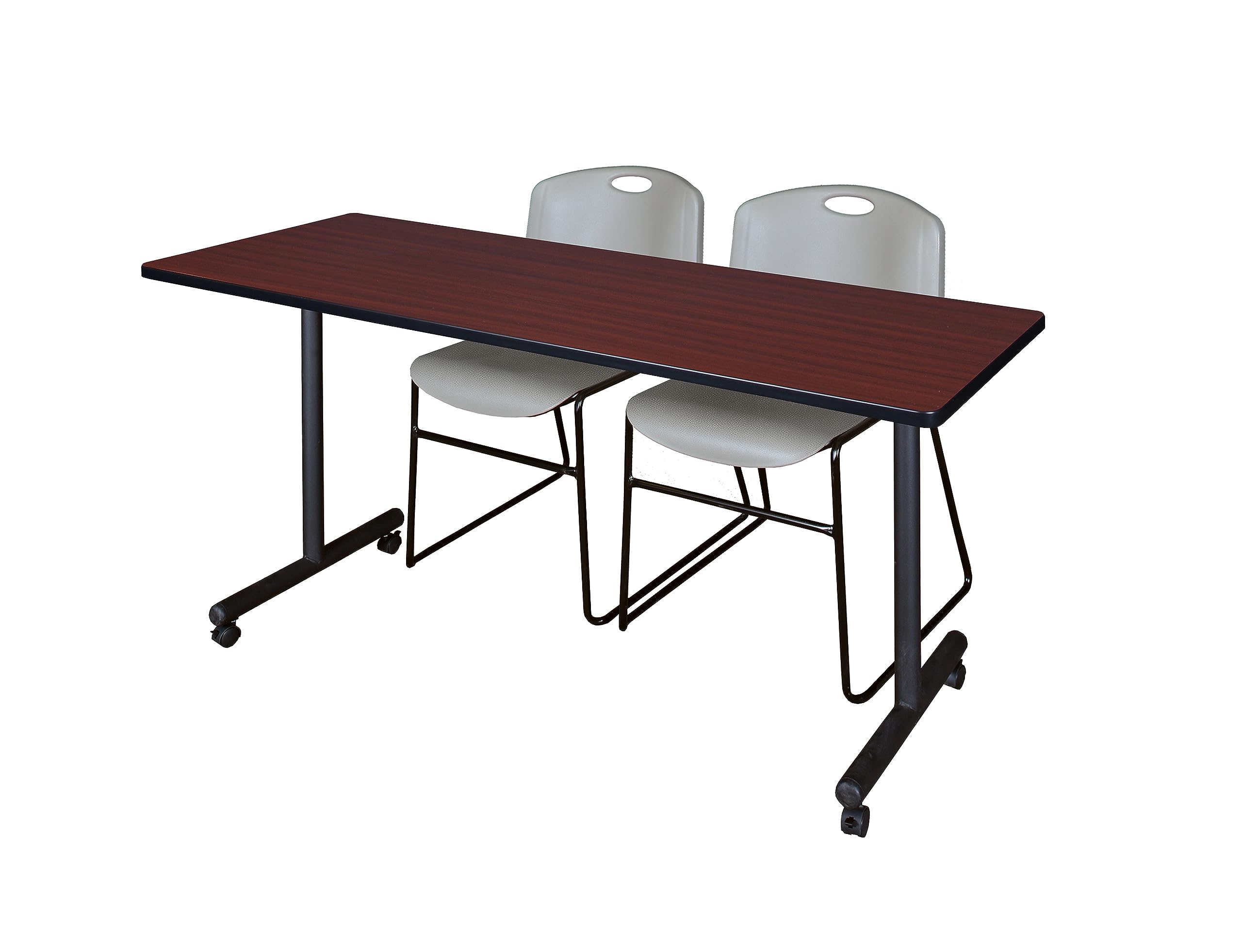 Regency Kobe 66 x 24 in. Mobile T-Base Training Table- Mahogany, 2 Zeng Stack Chairs- Grey