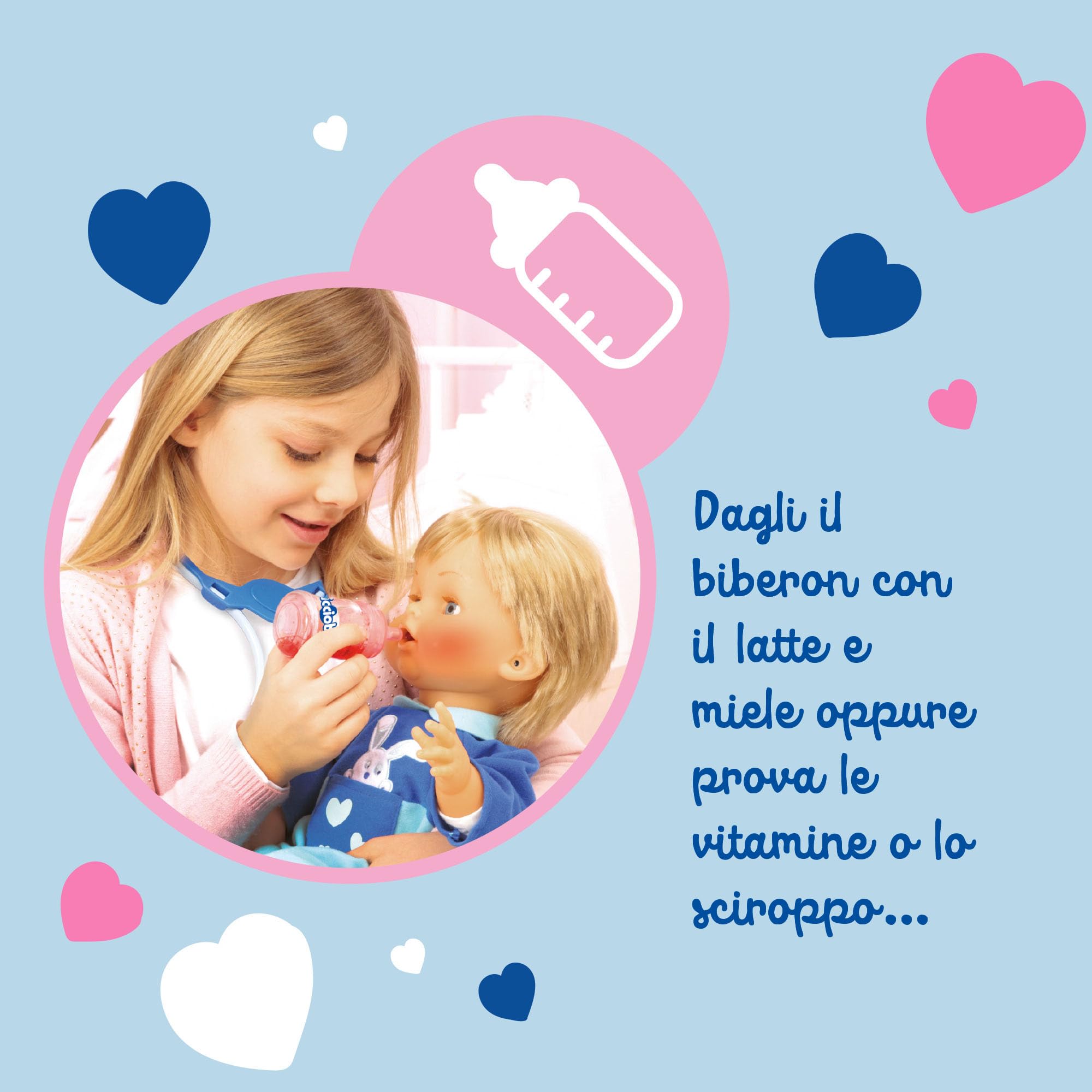 Cicciobello Bua, Bambola Interattiva con Accessori, Giochi Bambini 2 anni, Accessori per la Cura Come Termometro e Stetoscopio, Usa il Ciuccio per Farlo Smettere di Piangere!
