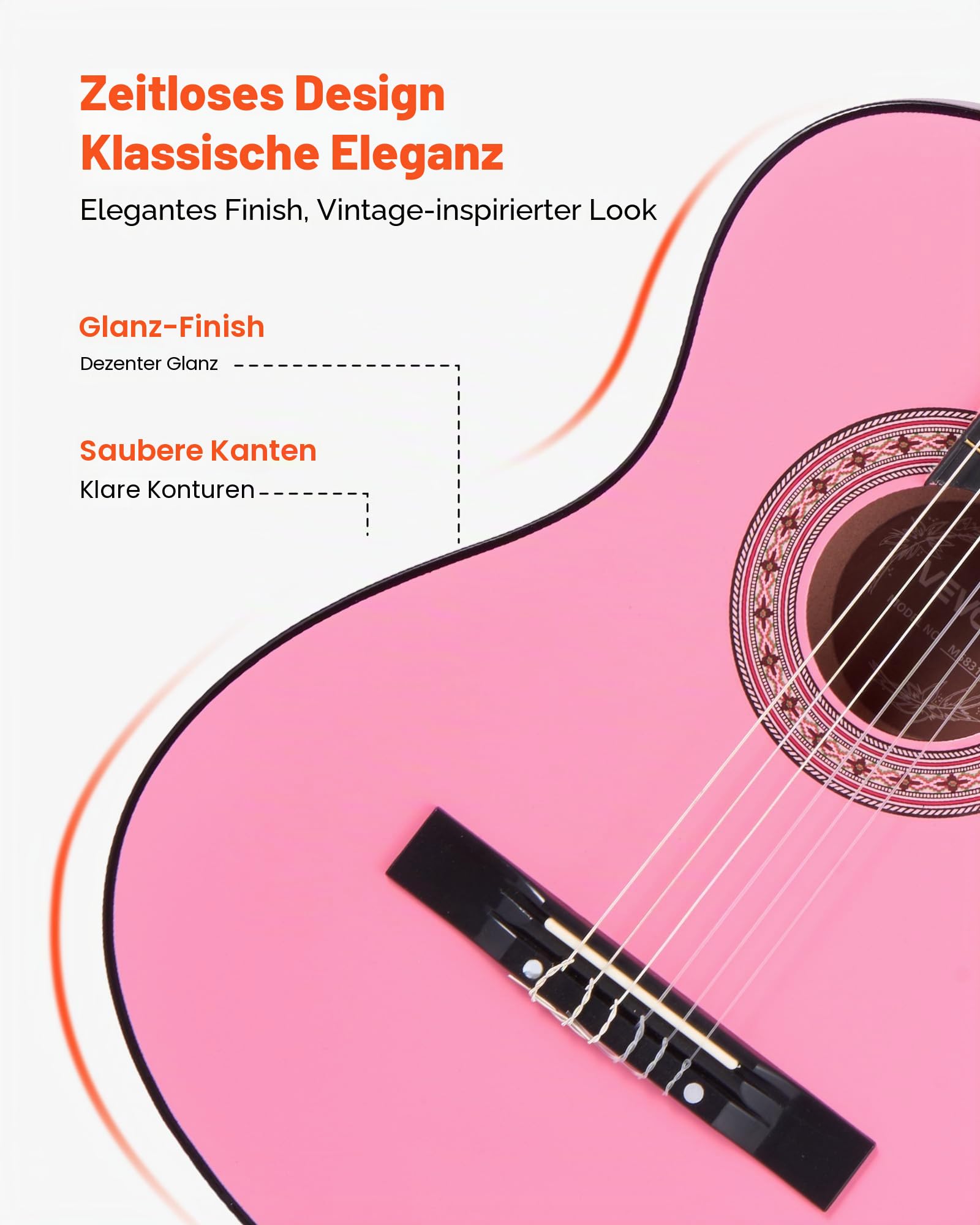 VEVOR Konzertgitarre, 960 mm, Holz-Klassikgitarren-Starter-Set für Anfänger, mit Nylonsaiten, Gigbag, Gurt, Stimmgerät, zusätzlichen Saiten, Plektren, Kapodaster, Linde, für Einsteiger, Pink