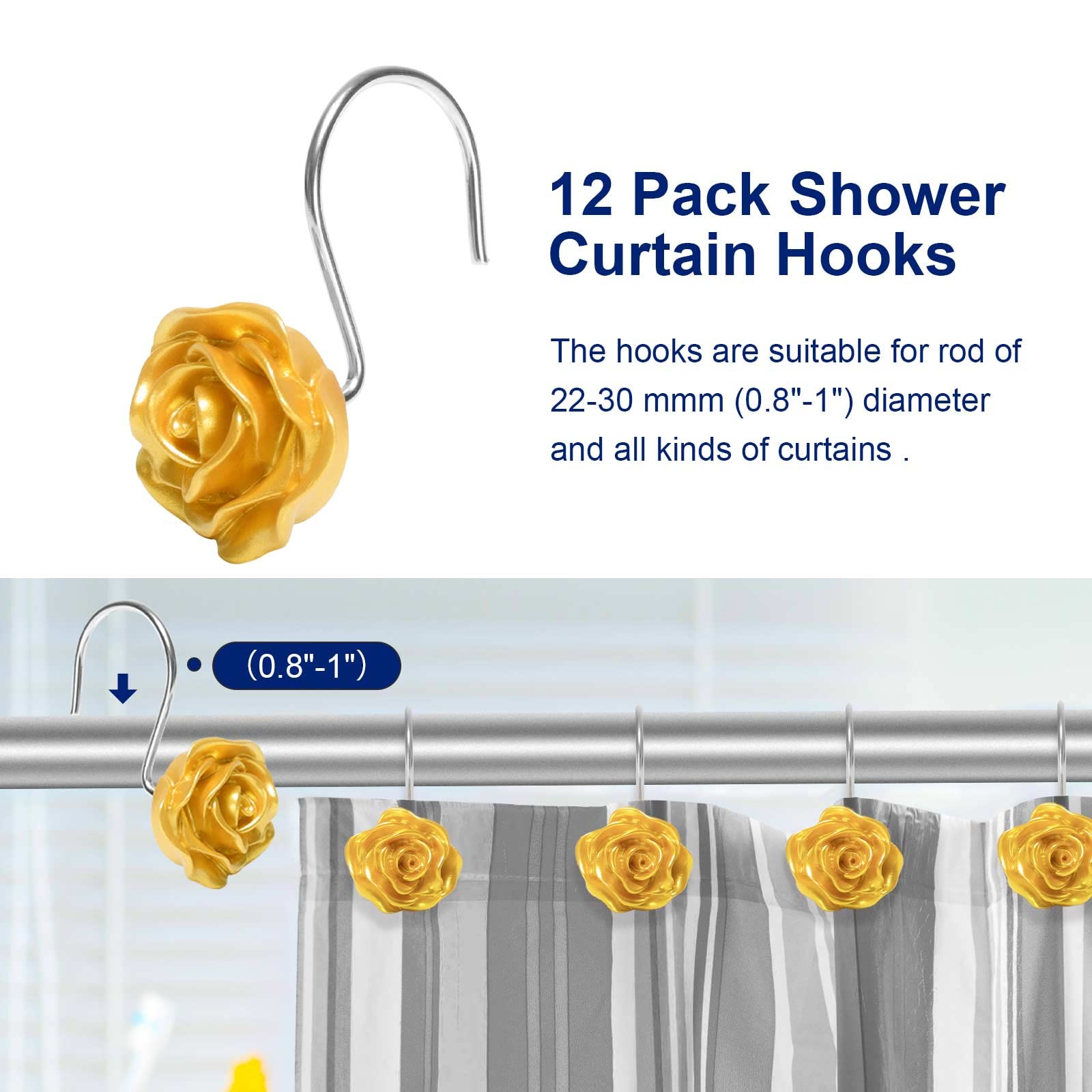 CandyGrid Gold Shower Curtain Hooks Rust Proof Stainless Steel, Rose Flower Shower Hooks for Shower Curtain, Shower Curtain Hooks Rings Decorative (12PCS)
