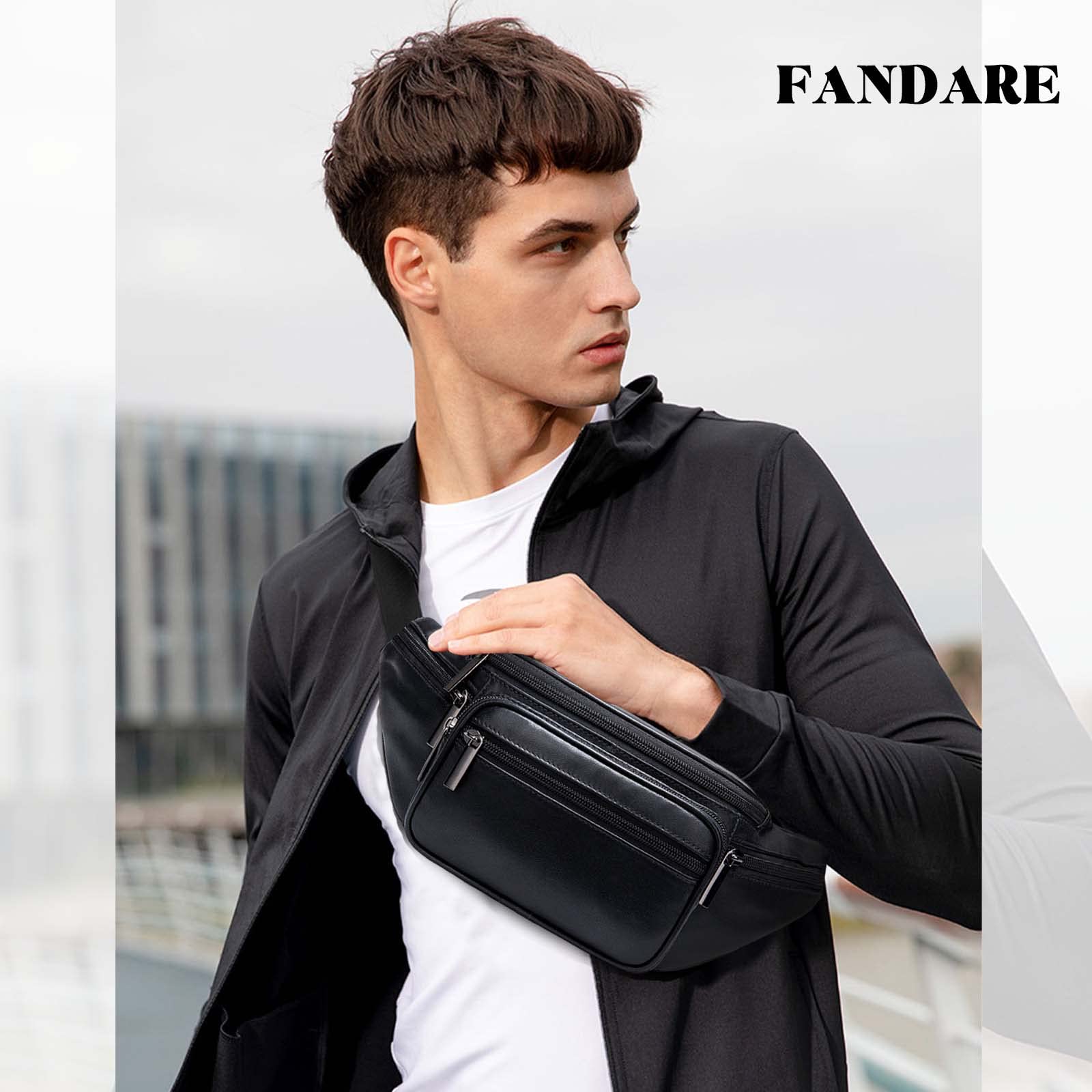 FANDARE Riñonera Mujer Hombre Cuero Bolso Hombro Bolsa de Pecho Retro Bolsa Cruzada Bandolera Impermeable Bolsos Bandolera Excursionismo Bolsos Bandolera para Escolar Viaje Crossbody Bag Negro A