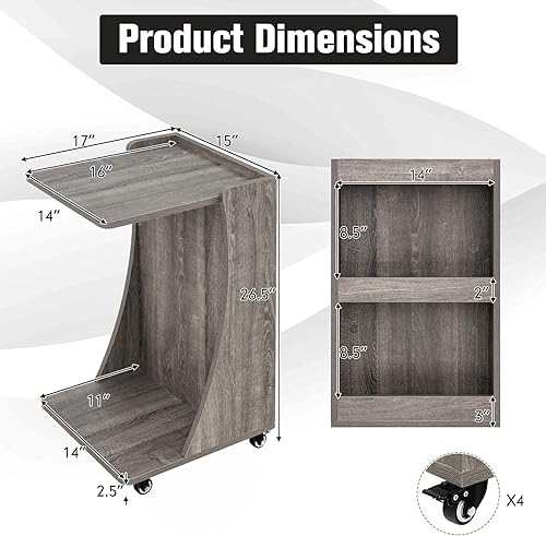 Miniatura 2 de Giantex Mesa auxiliar en forma de C mesa auxiliar móvil de 2 niveles con estantes de almacenamiento traseros mesita de noche pequeña con ruedas para
