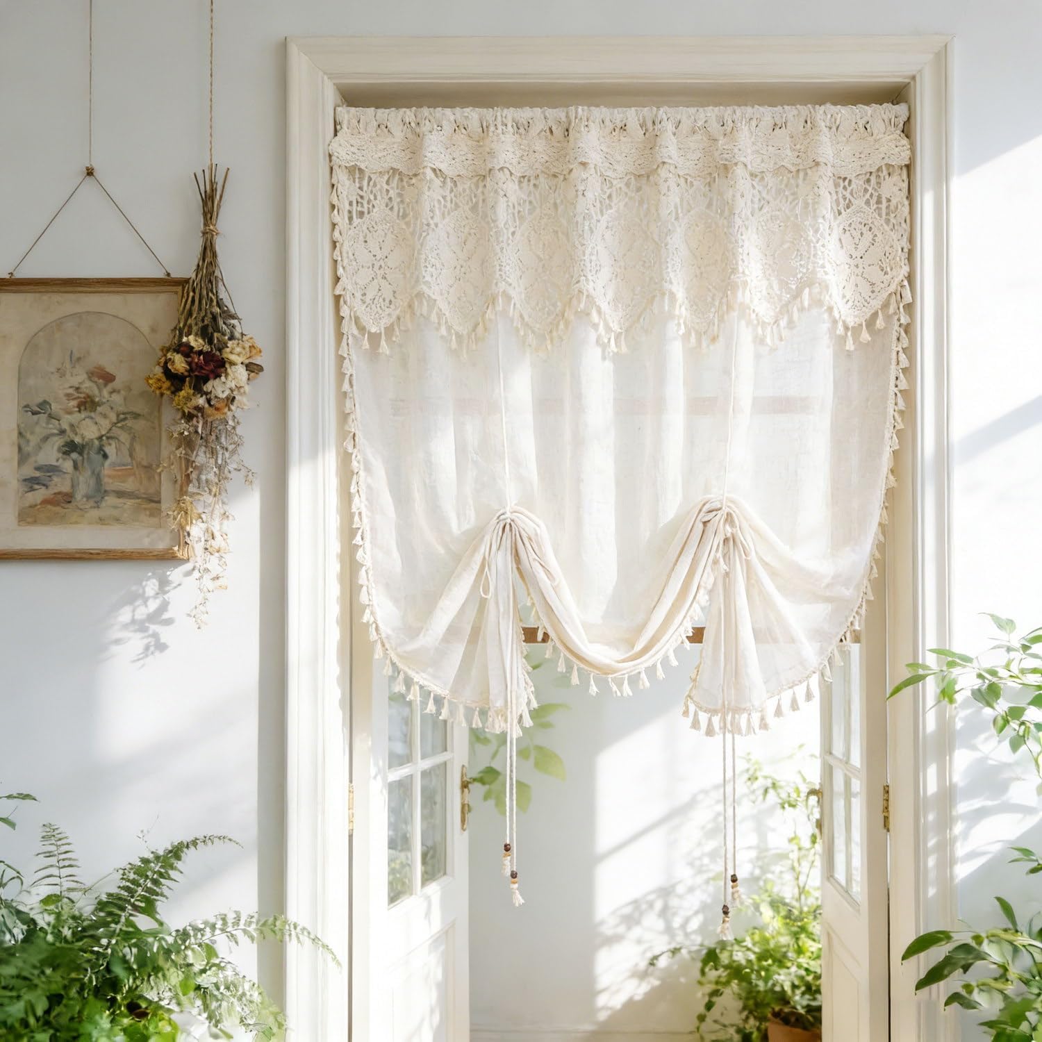 Boho Crochet Lace Tie Up Sheer Curtain Valance for Kitchen Windows | Macrame Liftable Tulle Tier Curtain Adjustable 2 Layered Light Filtering Sheer Valance Rod Pocket 1 PC