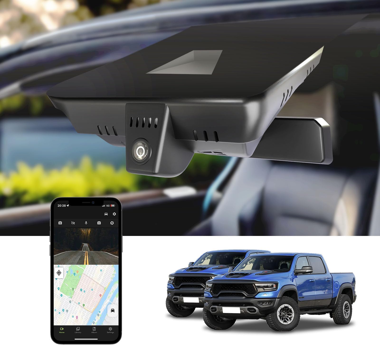 Front 4K Dash Cam for Dodge RAM 1500 TRX (Model B) 2019-2024 Rebel Big Horn Laramie, OEM Look, HD Video, WiFi Connect&APP, Loop Recording G-Sensor, 64GB Card