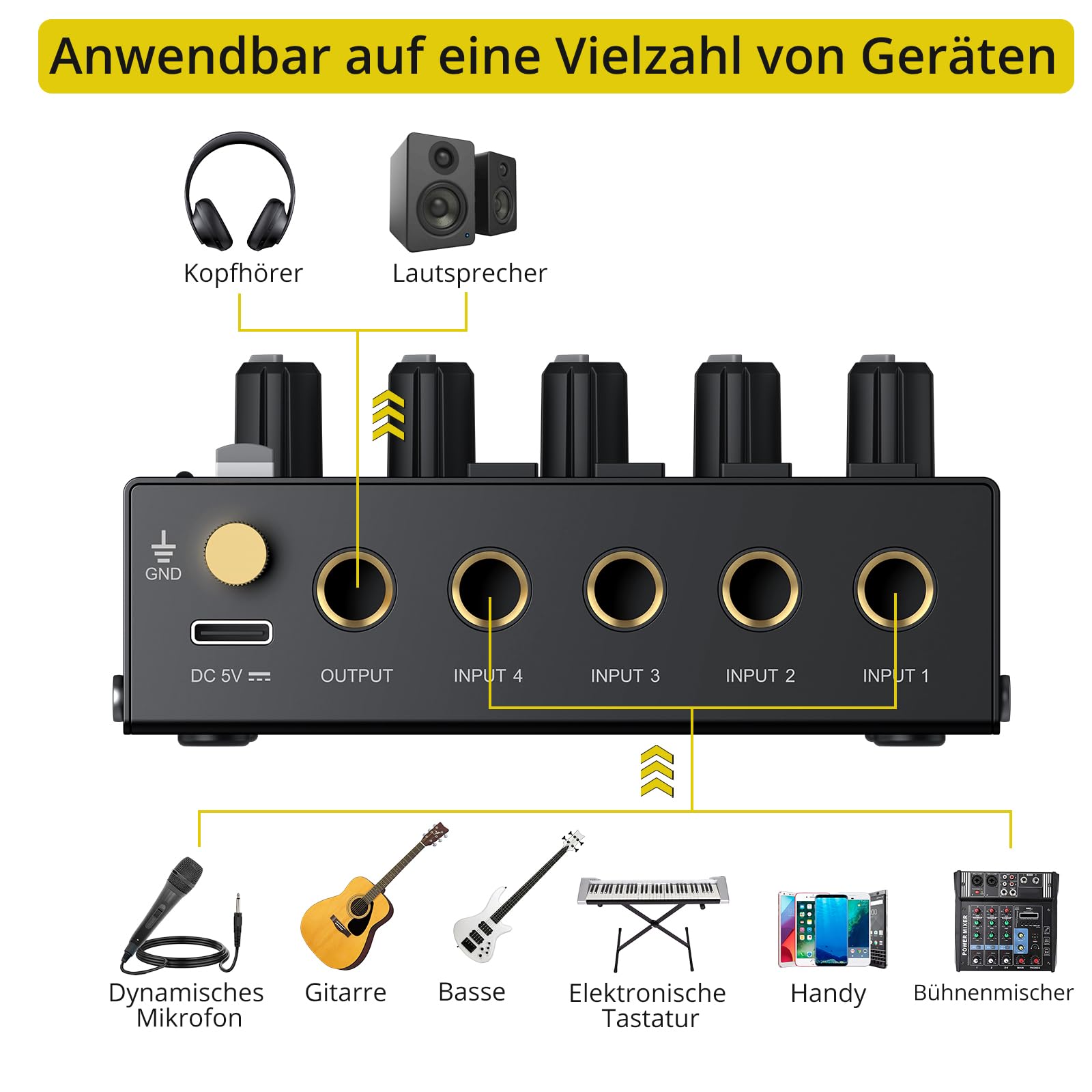 PROZOR 4-Kanal Audio Mixer Aktiver Mischer Mischpult Mit 3,5mm auf 6,35mm Umschaltkopf Kompakte Mischkonsole für Mikrofone, Gitarren, Bass