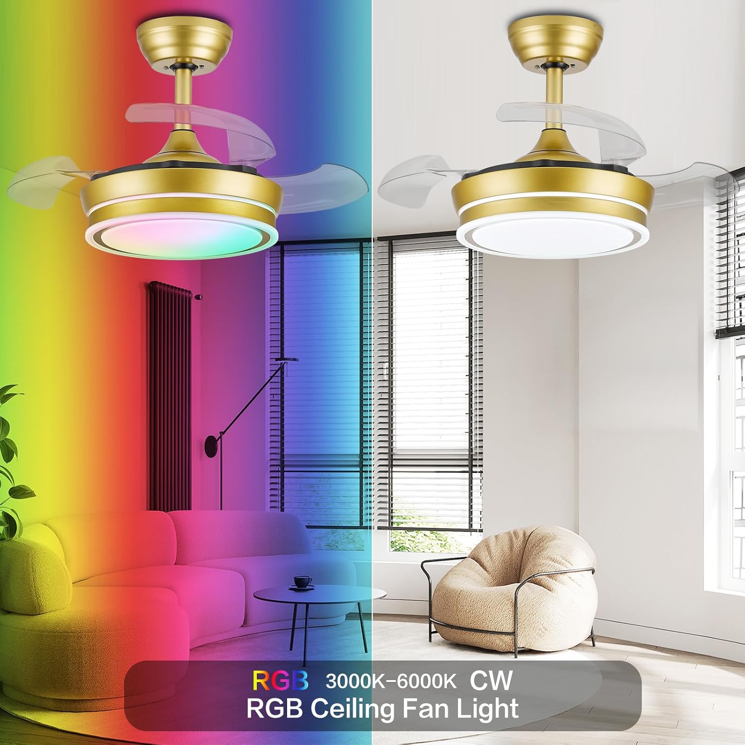 30" RGB Retractable Ceiling Fan Dimmable LED Chandelier Fan 6 Speed Small Fandelier with Remote APP Control for Living Dinning Room Bedroom Gold