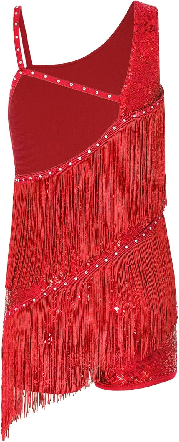 Latin Dance Dress for Girls Sleeveless Tassel Fringe Leotard Sequin Ballroom Salsa Tango Dance Costume