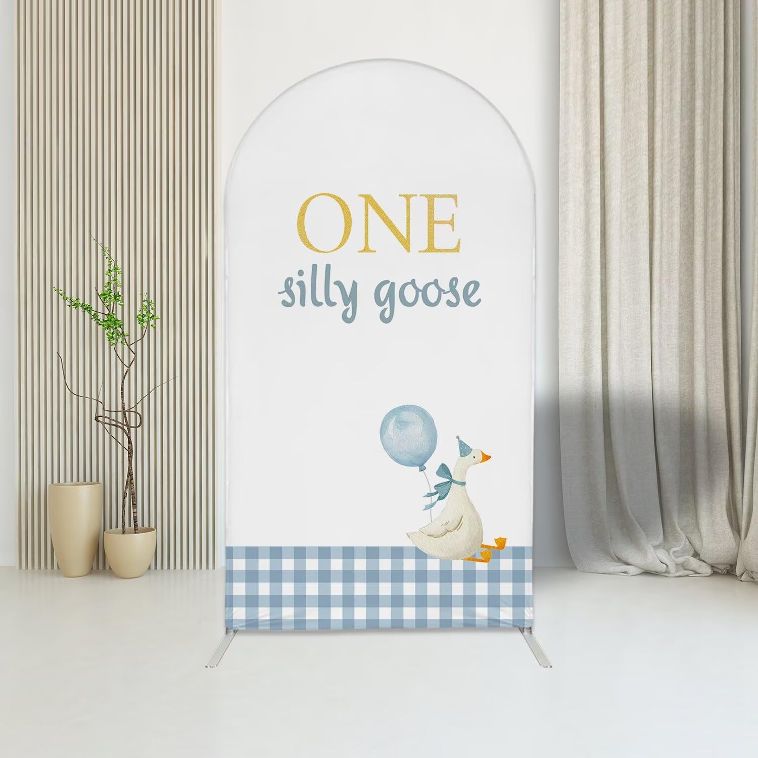 One Silly Goose Arch Backdrop Cover 6FT Blue Gingham Stretchy Spandex Arched Stand Cover for Farm Animal Goose 1st Birthday Party Birthday Party Decoration