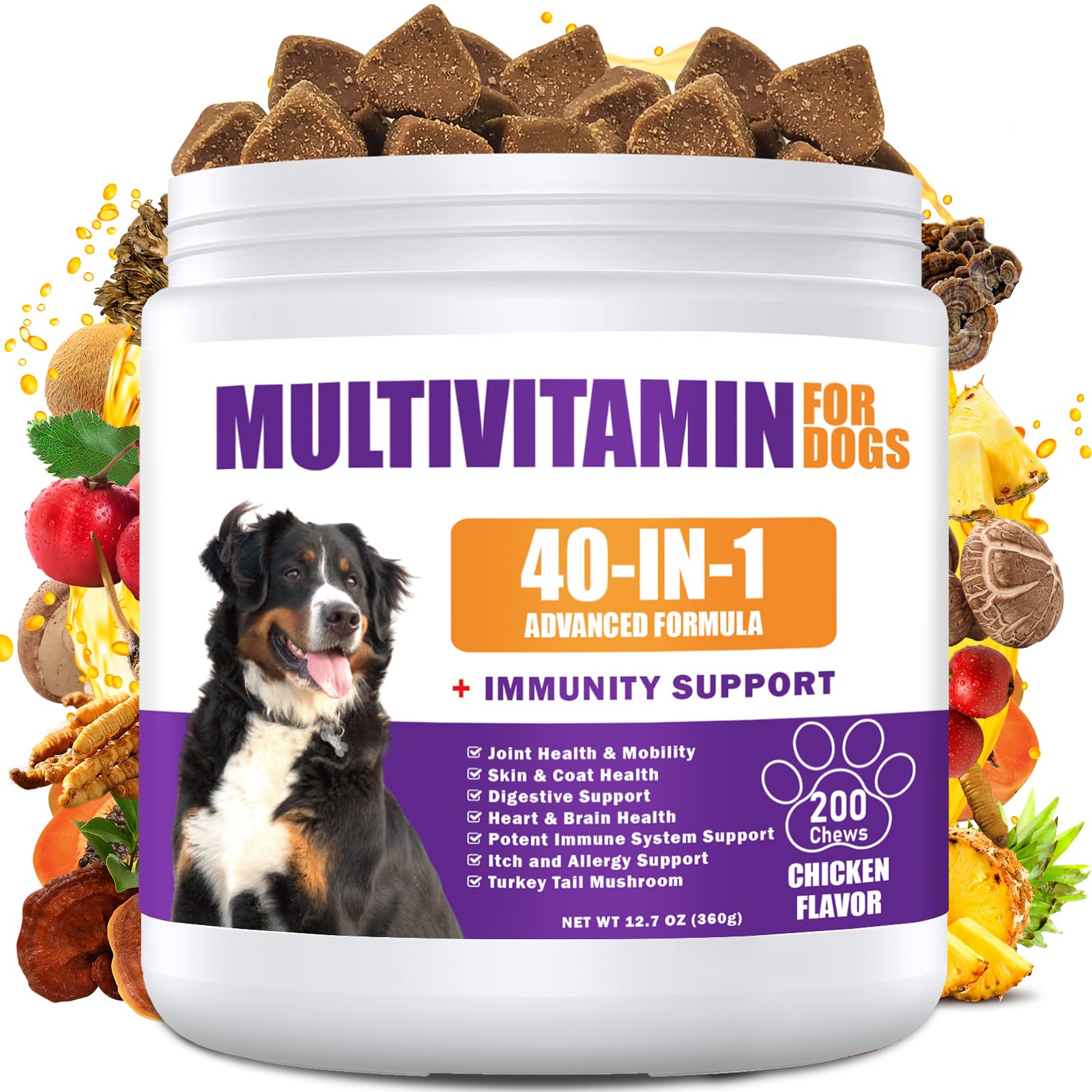 40 in 1 Dog Vitamins and Supplements 200Ct Dog Multivitamin Chewable, Immunity Support Multivitamin Vitamins with Turkey Tail Mushroom, Skin & Coat, Mobility, Gut & Heart Health, Hip & Joint Support