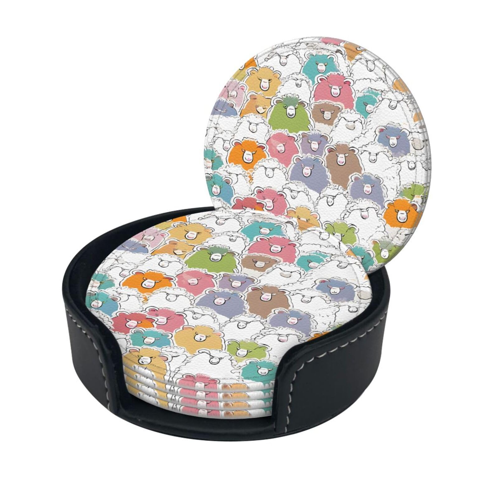 Cute Colorful Sheep Cartoon Print Coaster,Round Leather Coasters with Storage Box for Wine Mugs,Cold Drinks and Cups Tabletop Protection (6 Piece)