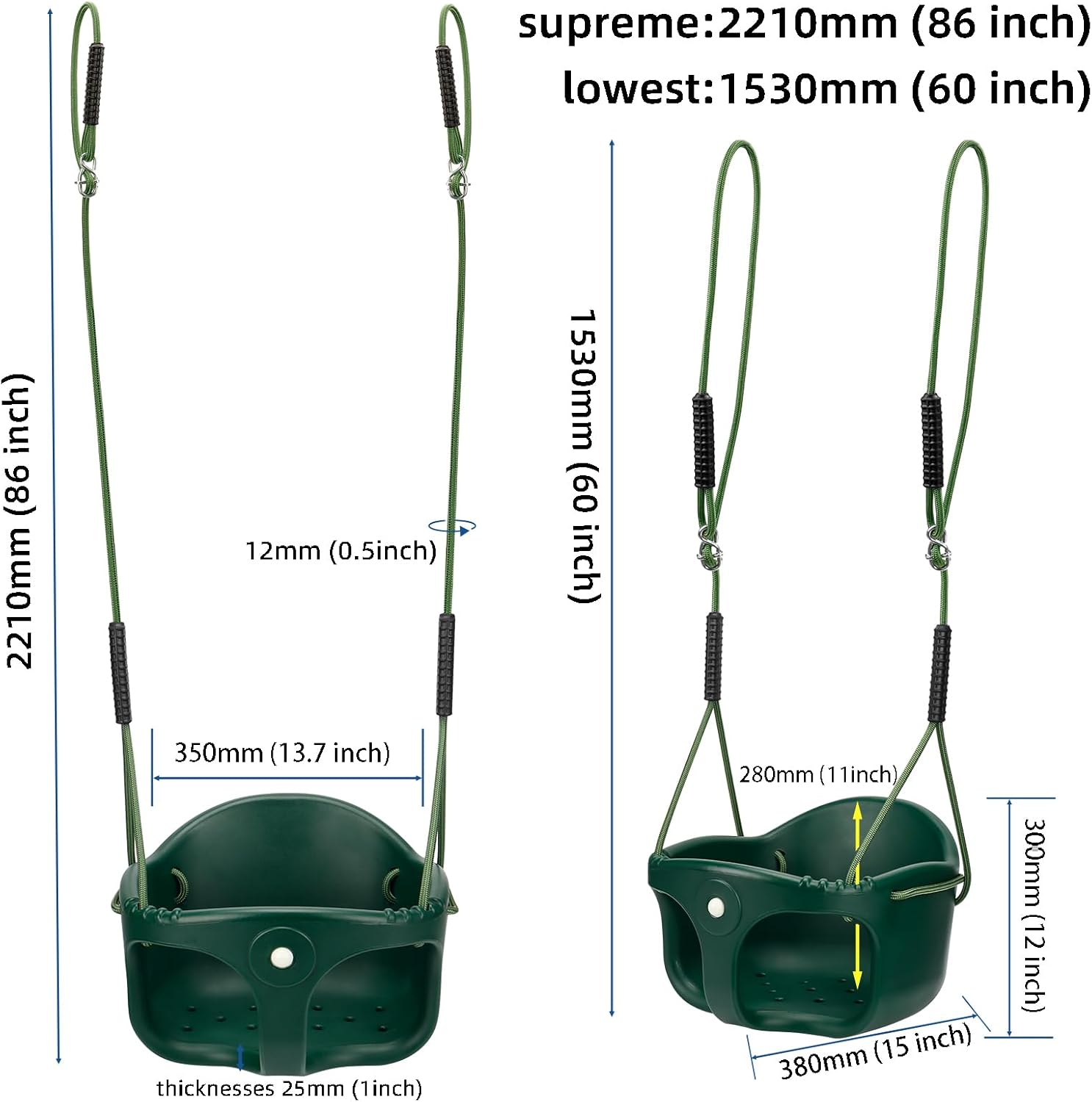 Dakzou Jungle Gym High Back Full Bucket Toddler Swing Seat Upgraded Heavy Duty with Finger Grip Chain Fully Assembled Swing Set Accessory【 Green