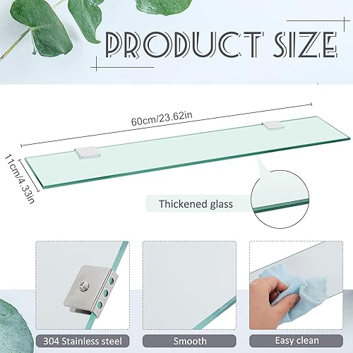 Miniatura 3 de Tatuo Estante de baño de 2 piezas de vidrio templado para baño, acero inoxidable 304, estantes de vidrio flotante (23.6 pulgadas)