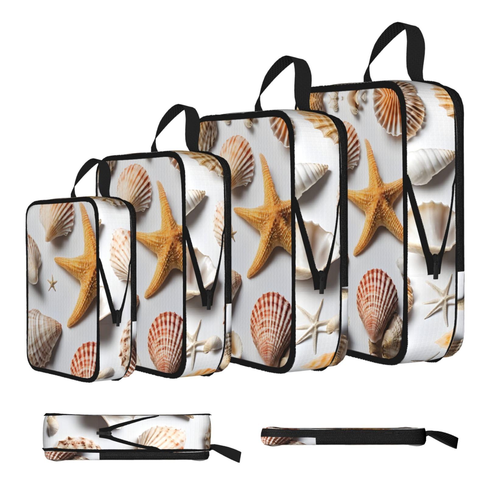 Ezdlowvba Black Seashell Sandy Beach Print Compression Packing Cubes 4-Piece Set With Multi- Compartment Travel Bag, Waterproof Suitcase Organiser Bags