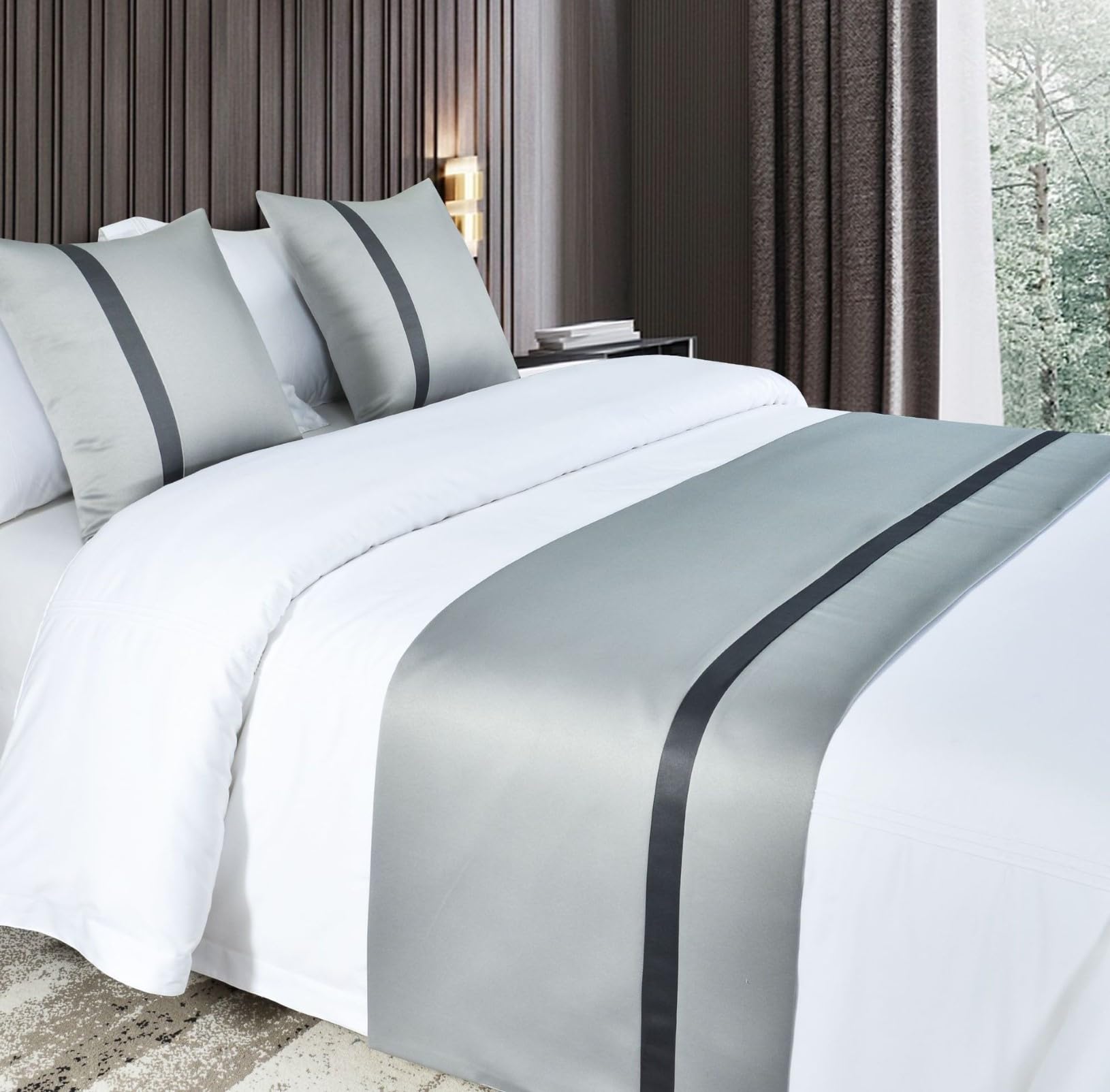 HLASMSPE Soft Bed Scarf Runner, Polyester Satin Bedding Throw Cover Stripe, Fashion Bedspreads Decor Towel for Hotel Wedding, Light Grey, 50 * 180cm for 1.2m Bed
