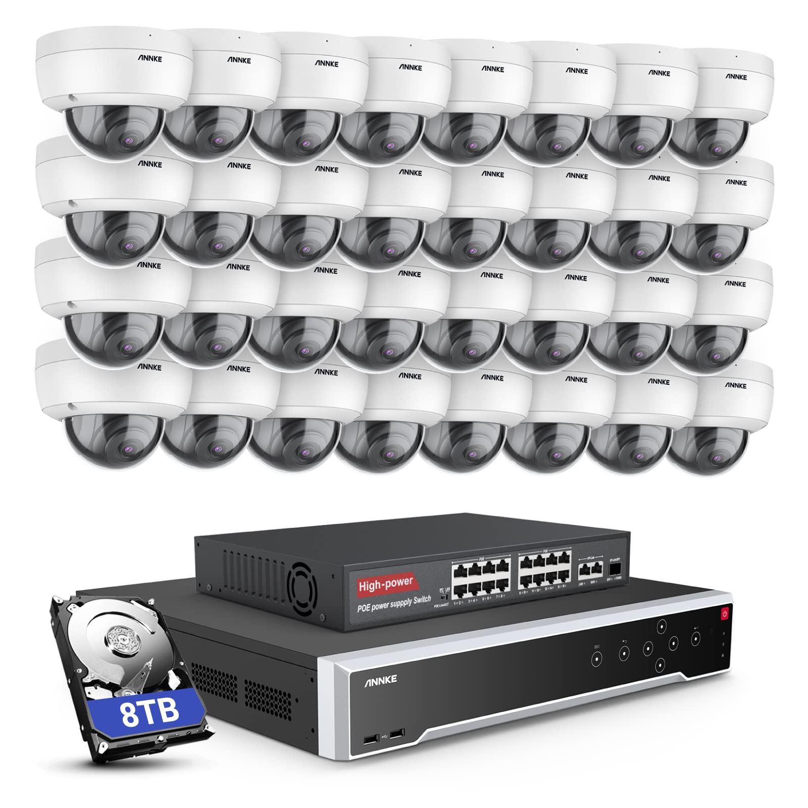 ANNKE 32CH 4K PoE Telecamera di sorveglianza esterna, kit video sorveglianza H.265+ NVR e 32 x 8 MP telecamera IP,Rilevazione di movimento,IP67 impermeabile, visione notturna 100 ft,avviso e-Mail,8 TB