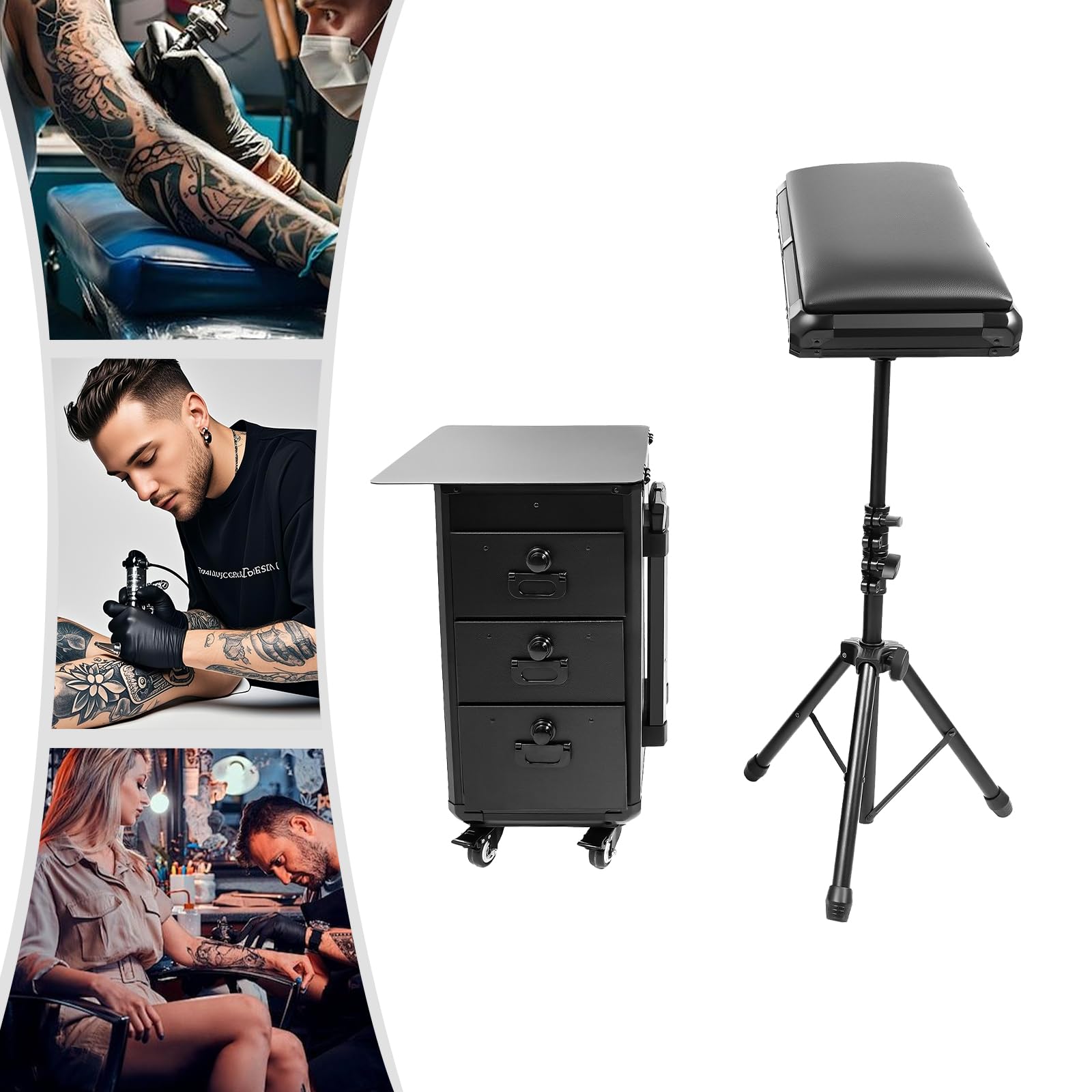 Valigetta per cosmetici con trolley per tatuaggi, con supporto per braccioli, valigetta per trucchi con 3 cassetti, serratura a combinazione e banco da lavoro, tavolo per tatuaggi, beauty stand