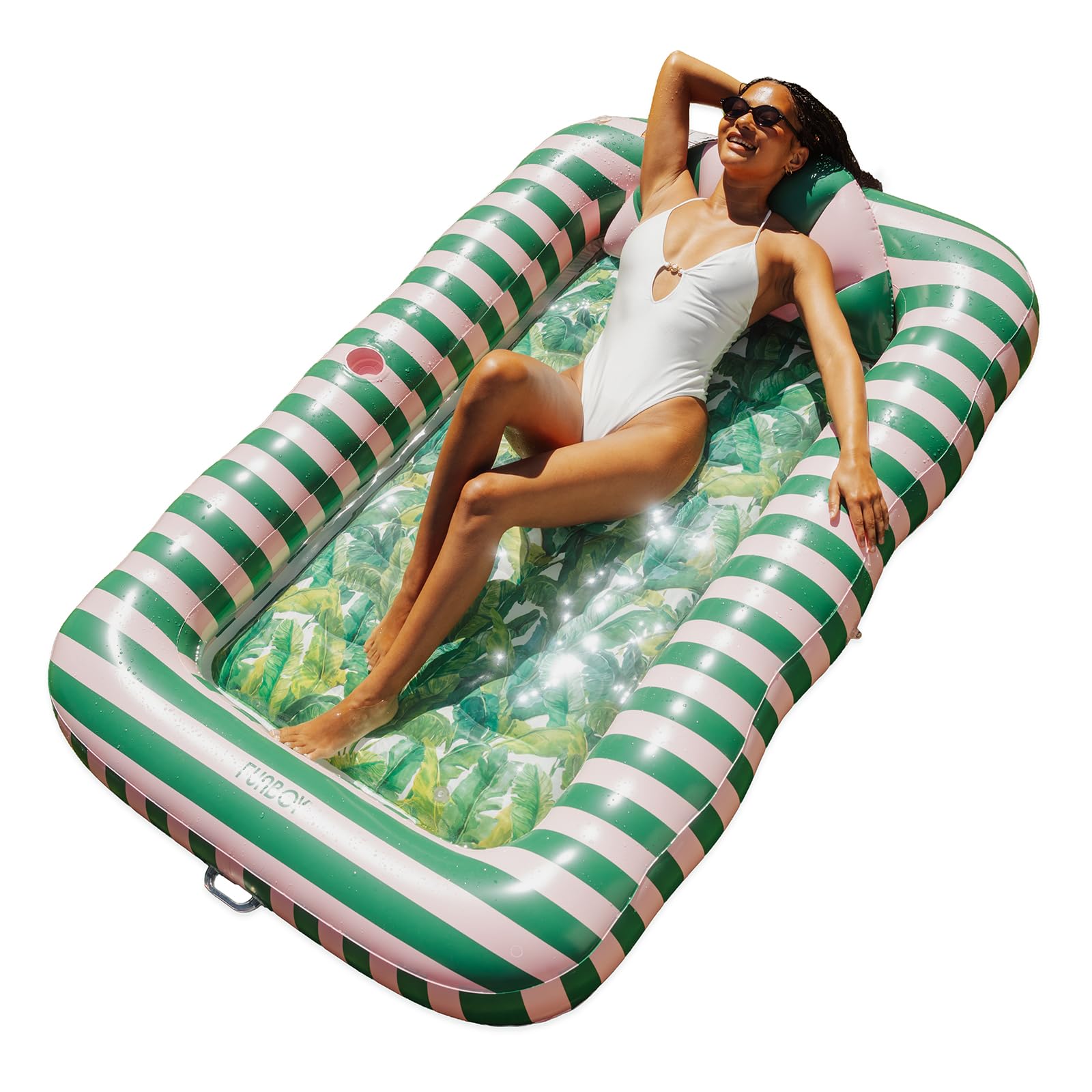 FUNBOY Tanning Pool Lounger Float Palm Leaf Pattern and Pink & Green Cabana Stripe, XL 72'' x 48'' Pool Float with Custom Pillow and Large Cup Holder, Perfect for Pool or Backyard.