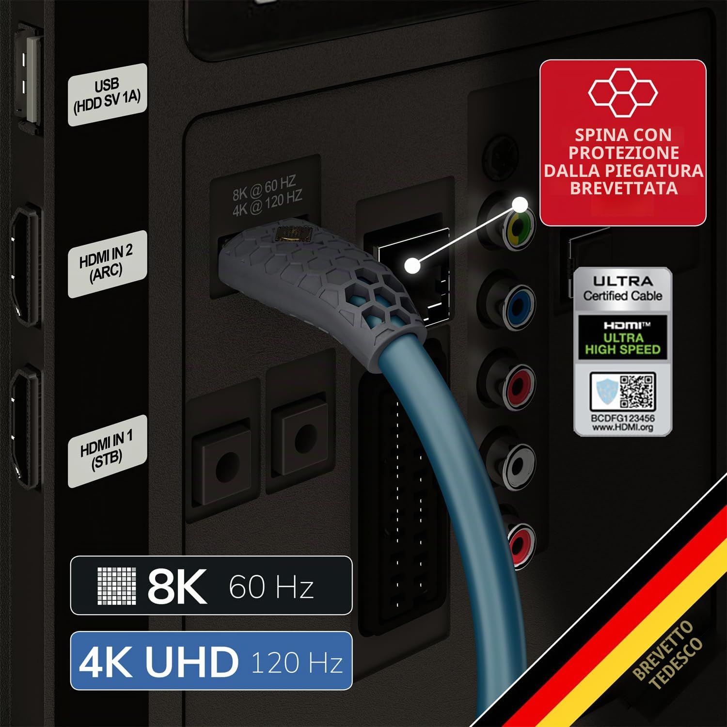 OEHLBACH Flex Evolution - Cavo HDMI ultra ad alta velocità, protezione antipiega brevettata, 8K UHD 60Hz 4320p, 4K 120Hz, 2160p - 48Gbit/s, 21:9 Cinema, 3D, Dolby Vision, Dynamic HDR 10+, VRR, eARC,