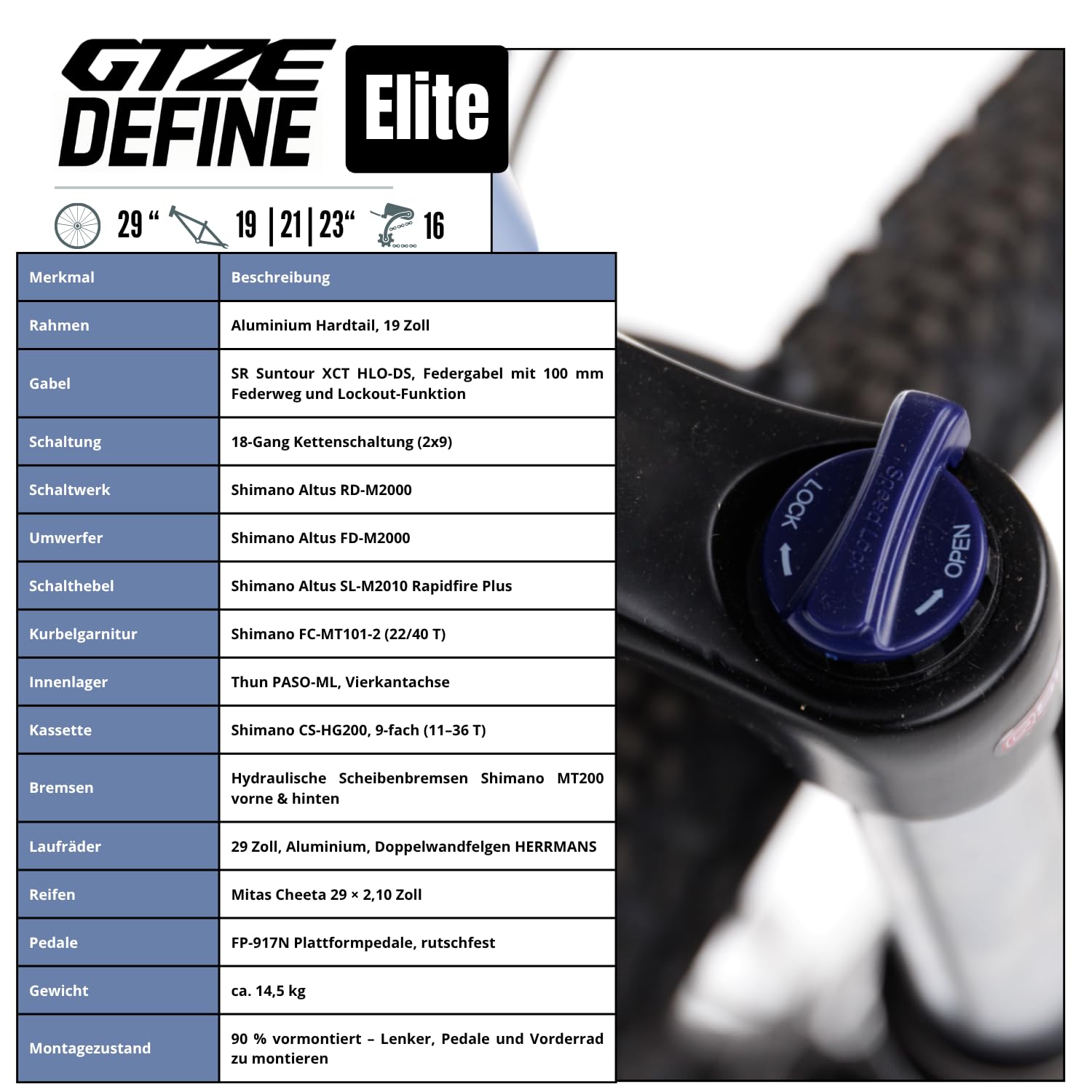 Goetze Define Elite 29 Zoll Mountainbike | Aluminiumrahmen 17/19 / 21 Zoll | Federgabel mit Lockout | 18-Gang Shimano Altus Schaltung | Hydraulische Shimano MT200 Scheibenbremsen | Hardtail MTB