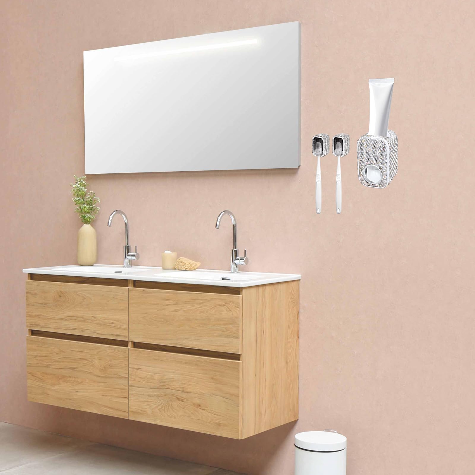 Bling - Juego de soporte automático para cepillo de dientes de pared para baño, diseño innovador de una sola ranura, 2 organizadores de cepillos de dientes brillantes con tapa, dispensador de pasta de