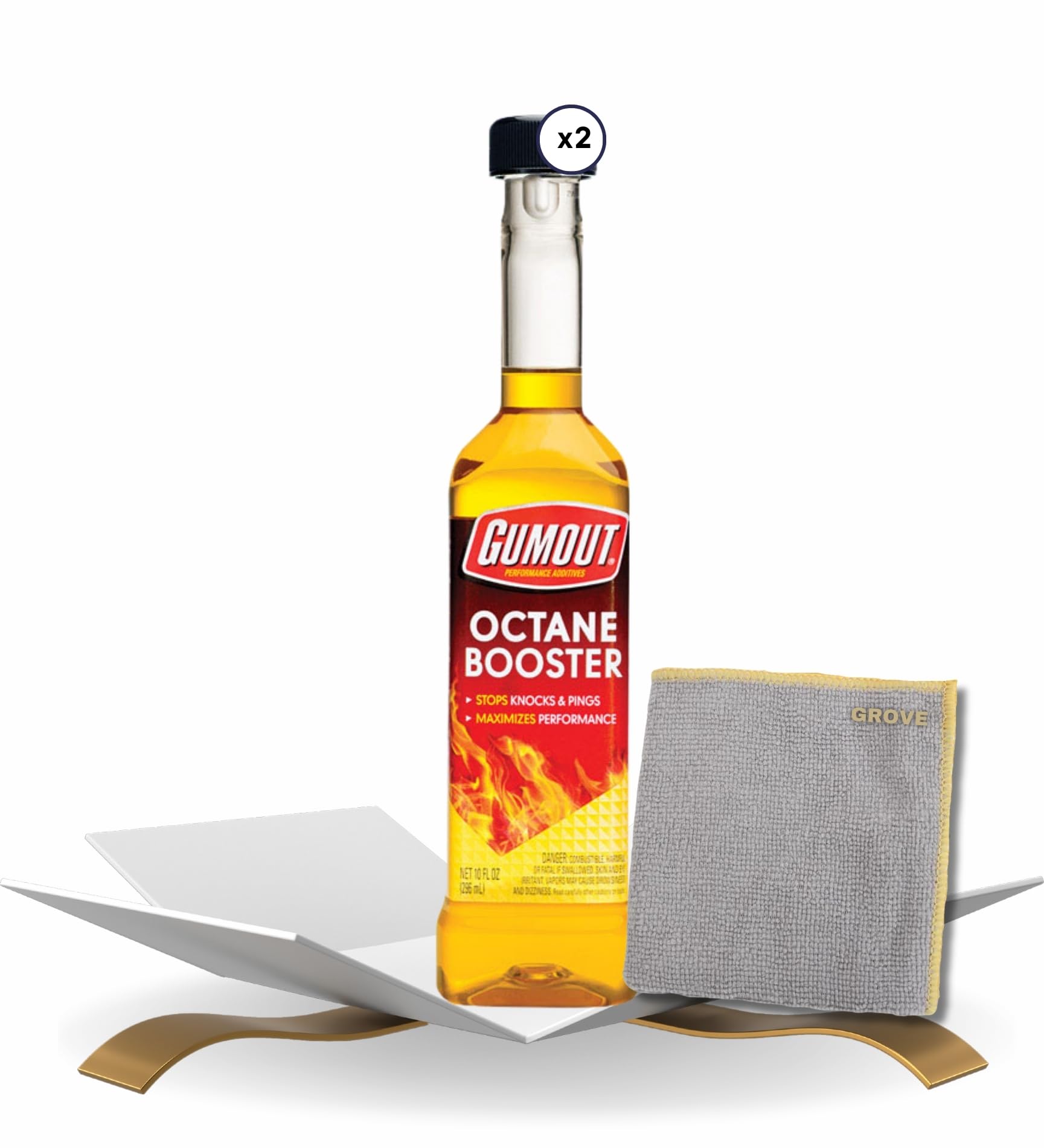 Gumout Gasoline Octane Booster 10 oz Bundle with Microfiber Cloth - Increases Octane for Improved Combustion - Reduces Knocks and Pings - Enhances Performance - Ideal for Gasoline Engines - (3 Items)