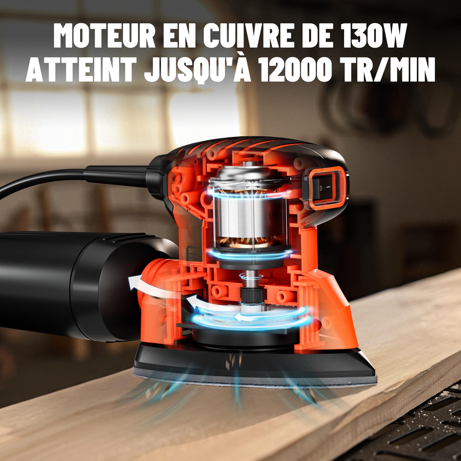 DOVAMAN DLS03A Ponceuses de Détail 130W, jusqu'à 12000 tr/min, 12PCS Papier Abrasif Adhésif, 2 Options de Collecte de Poussière, Faible Vibration, Ponceuse Électrique Parfaite pour les Bois et Acier