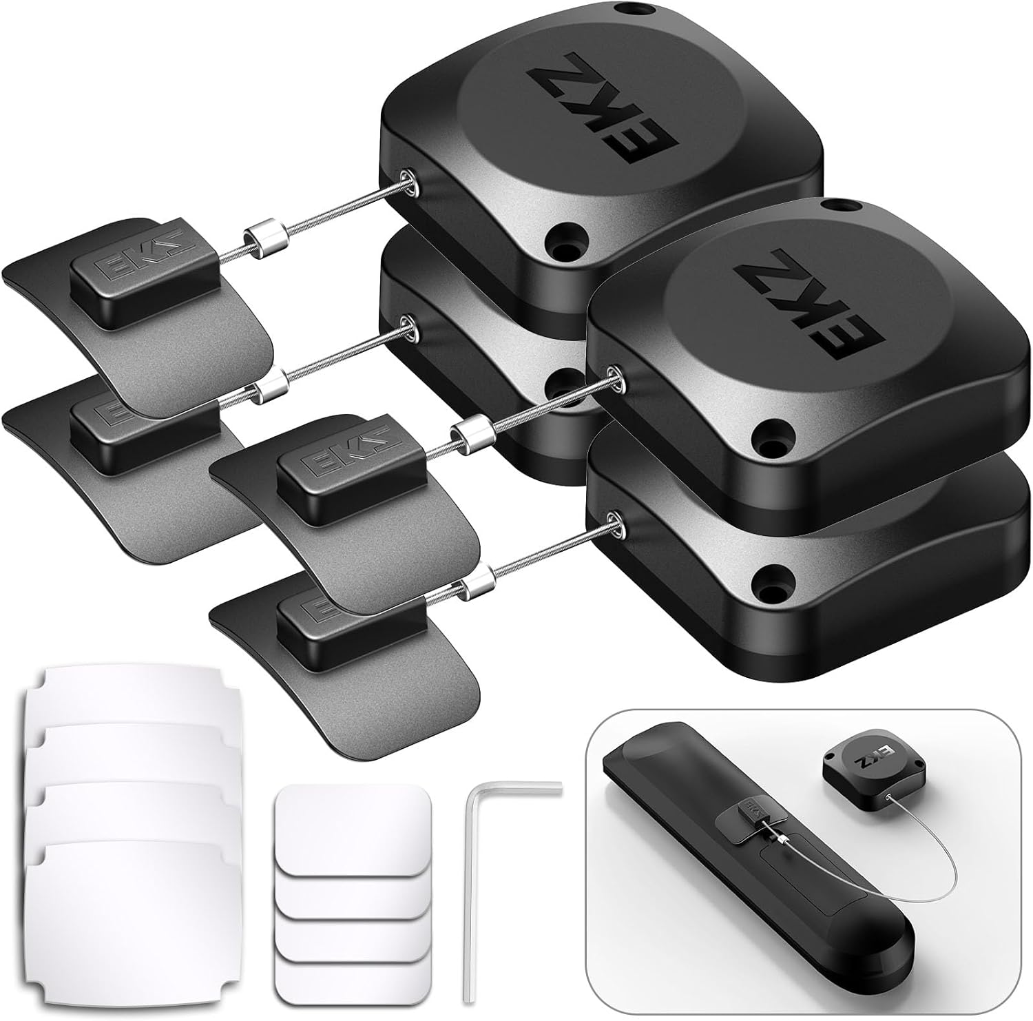 EKZ 8ft Retractable Tether Lanyard Lock for Remotes, Game Controllers & Tablets - Adjustable Length, Strong Adhesive, Anti-Loss Security, 4-Pack