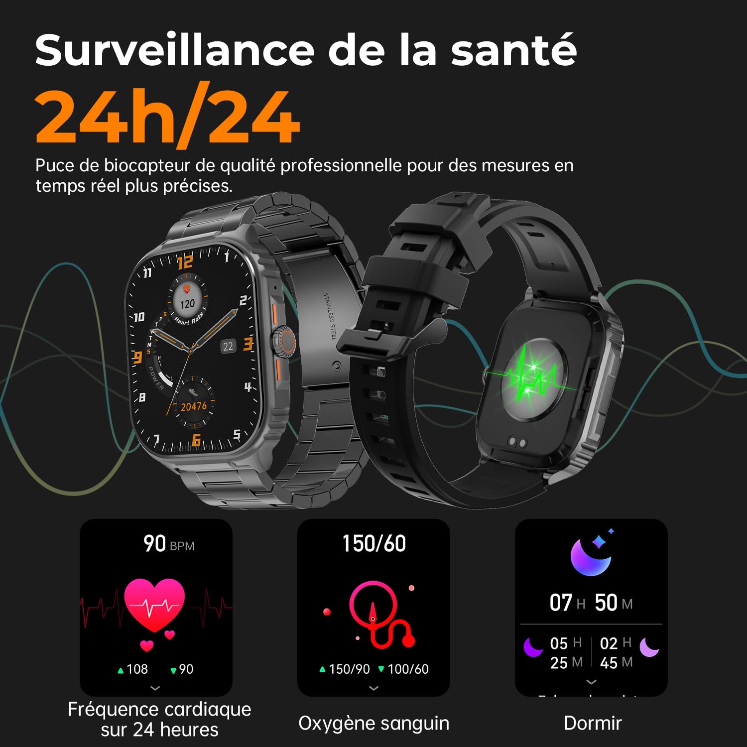 Montre Connectée Homme Militaire, 2,01" HD IP68 Montre Sport avec Répondre/Passer Appels, Cardiaque/SpO2/Sommeil Monitor, Suivi Activité, 110+ Modes Sportifs pour iOS/Android, Noir